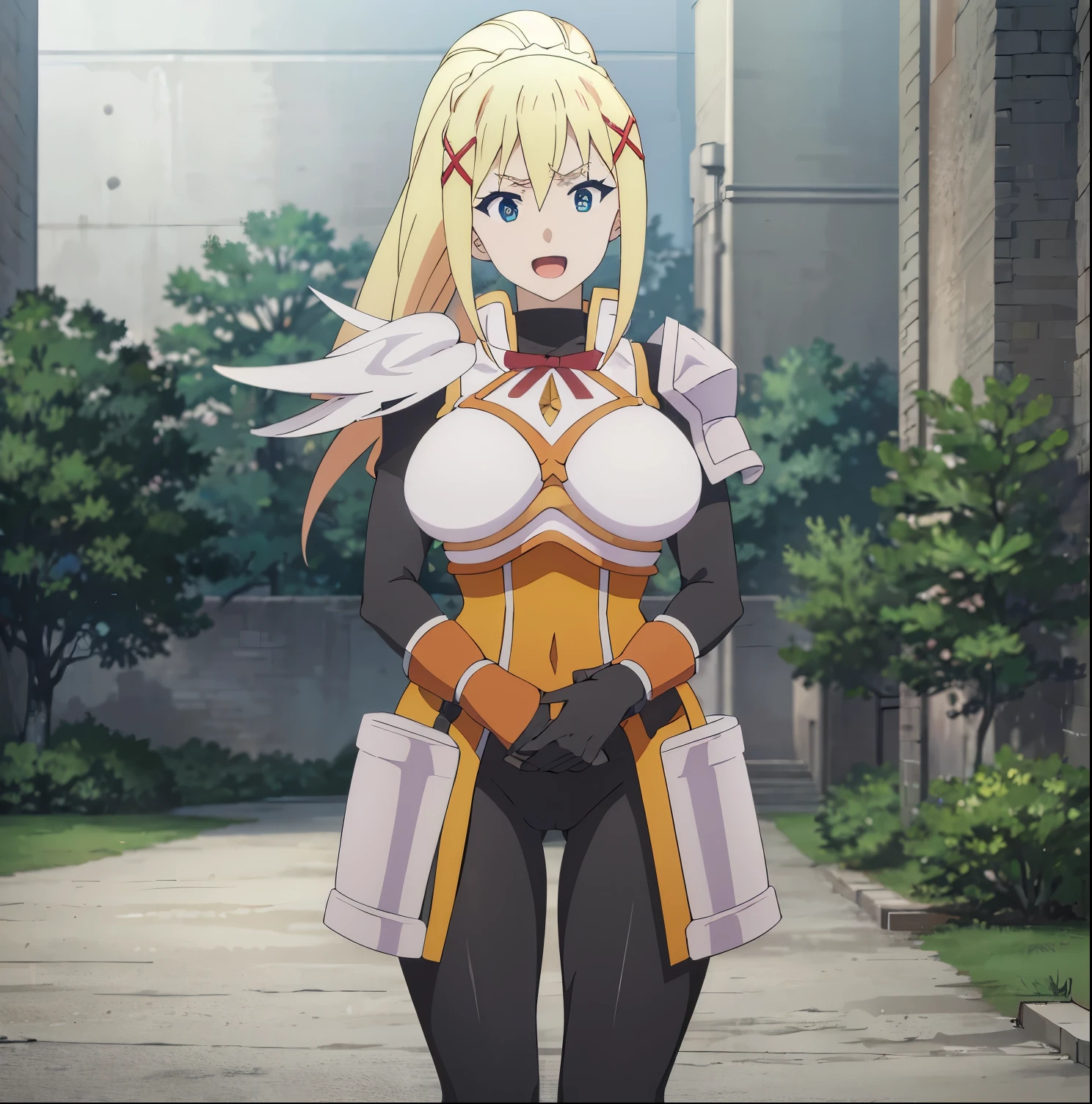 1 girl, alone, brunette, blonde hair, x hair ornament, :D, ponytail, blue eyes, huge breasts, medium waist, wide hips, big thighs, round ass, full body, happy, saliva, hands on face, braid, ponytail, x hair ornament, heart-shaped pupils, armored dress, shoulder armor, cuirass, jumpsuit, black gloves, outdoors, looking at viewer, head-on, point of view (from below), absurd, masterpiece, ultra details, best quality, HD, big hips, excited, sexy, sexy poses, perfect hands, perfect anatomy.