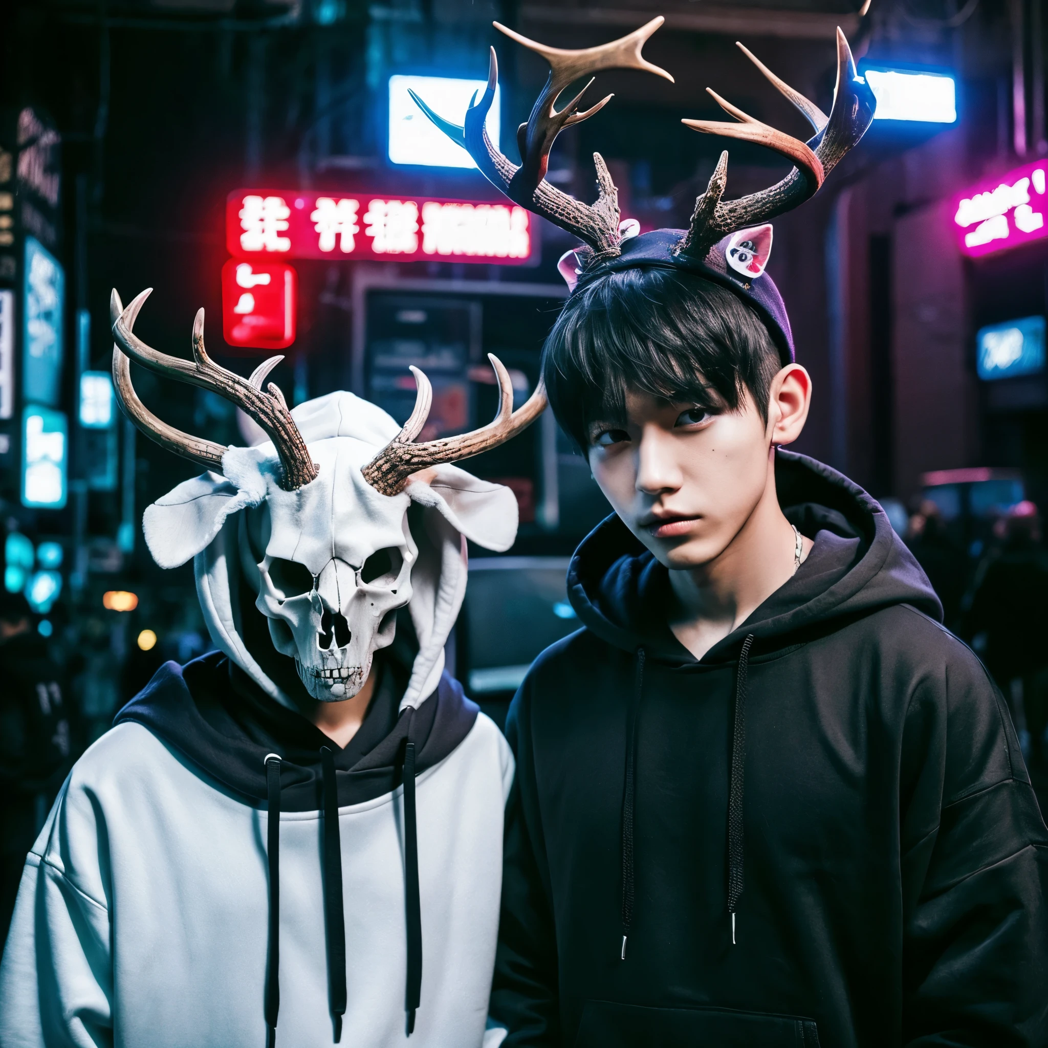 Boy with a deer skull on his head、hoodie、cyber punk