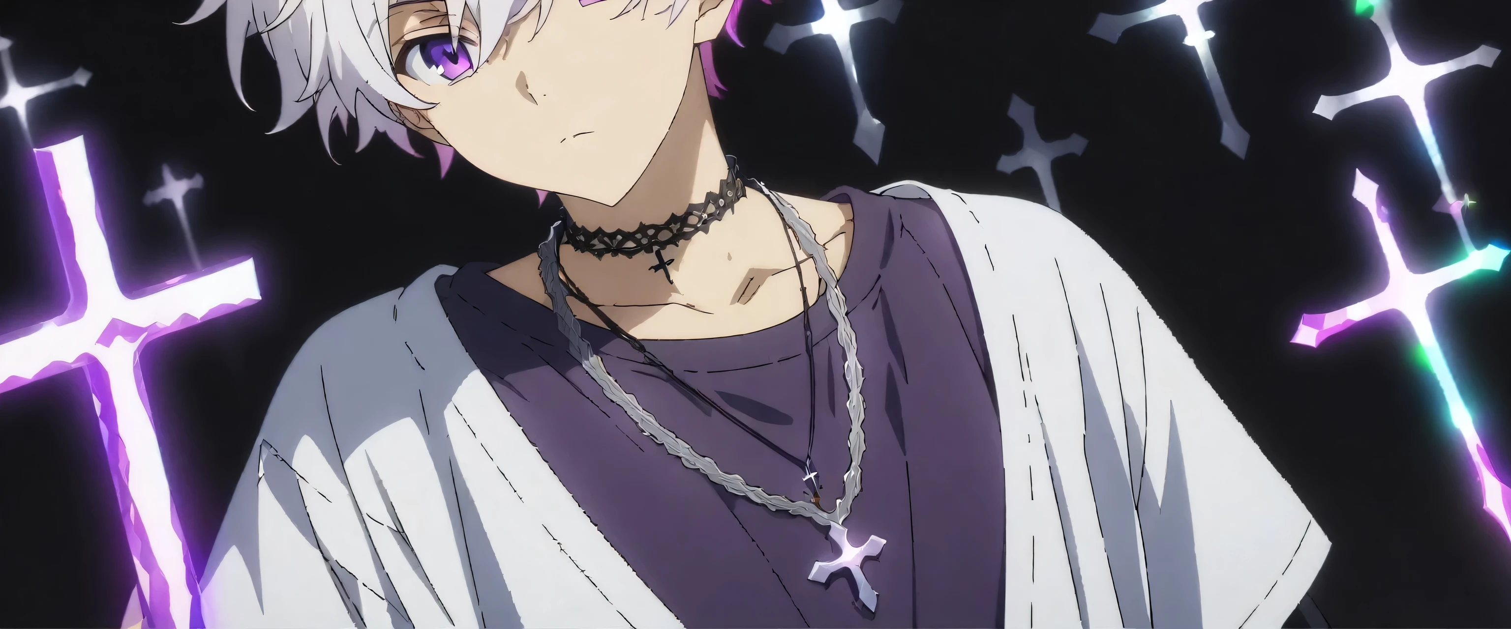 [(BLACK BACKGROUND:1.5)], ((((masterpiece)))), high quality, very_high_resolution, large_filesize, full color, solo, (((younger boy))), ((beautiful white short hair)), (purple color eyes), civilian clothes white, Necklace of crosses, (White effect:1), anime,