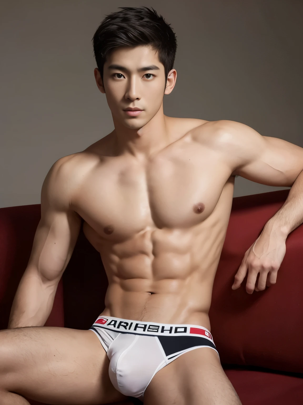 Arafed male model in a briefs, handsome arafed guy, handsome man, handsome model, Full Body Shoot, photoshoot, portrait, studio lighting, look at camera, detailed facial parts, Manly, Charmer, Active Boy, sitting on sofa, opened leg, anguished expression, perfect anatomy, symmetric body, asian boy 30years old, shirtless :: high detail, asian, a little six packs attractive body, realistic, human skin, Short Hairstyle, handsome chad chin, shirtless, handsome, attractive, slightly muscular man, masculine, attractive, human skin, (eyes contact), Handsome, Attractive, bulge in briefs