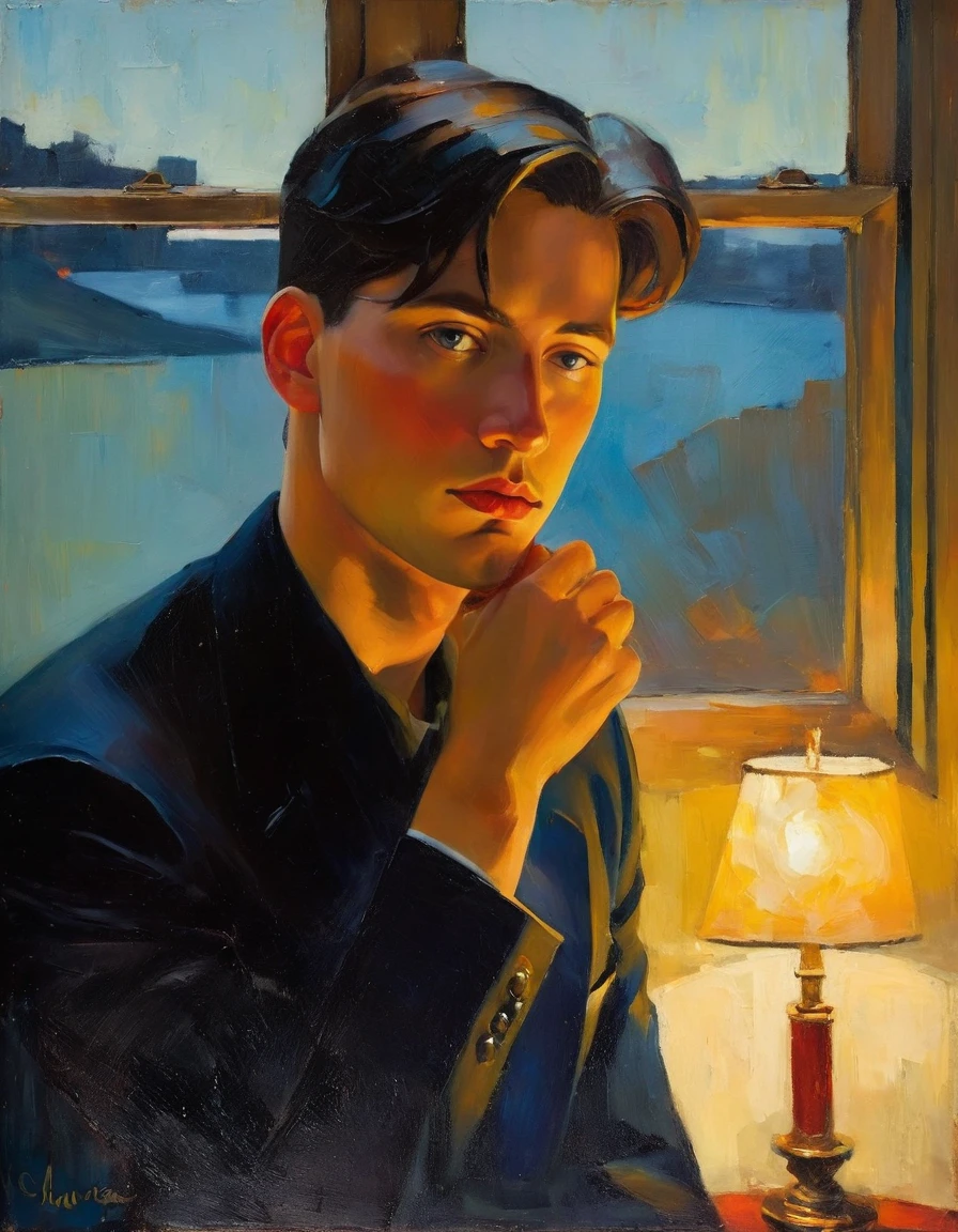 Create an evocative oil painting inspired by Malcolm Liepke, Capture the man's introspective expression and refined mood using thick, expressive brushstrokes. Infuse the painting with a warm, muted color palette, incorporating earthy tones and deep blues. Highlight the dramatic interplay of light and shadow, casting a soft, golden glow from the window. Emphasize the tactile quality of the oil paint and maintain a simple, textured background that complements the subject's contemplative presence.