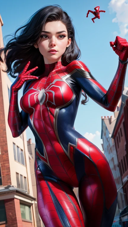 A close up of a woman in a spider - man suit swinging on a spider web above a city street Beautiful woman detailed defined body using spider man cosplay, medium breasts