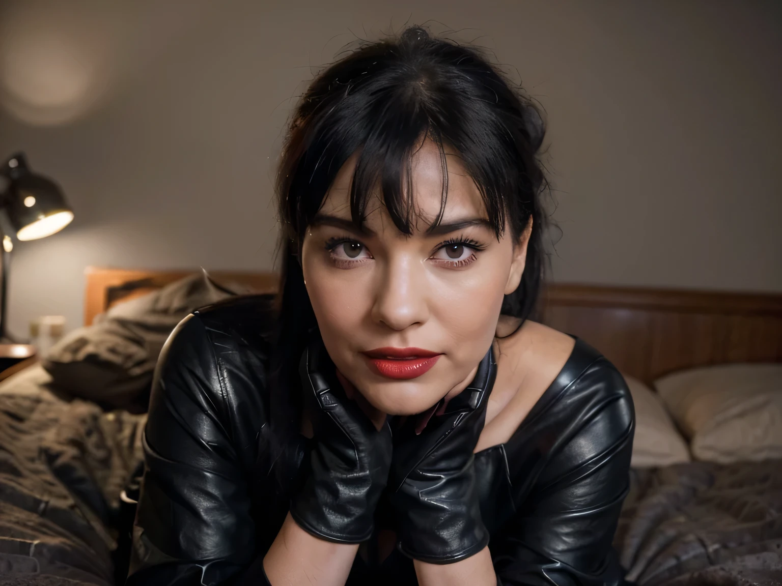 sweaty and completly soaked Bettie Page is a secret agent, he has a black crew-neck sweater, used black leather gloves,  eyes closed screaming  , she is making sex to the man she captured, dimly lit hotel room,  strong anal penetration, cumshot on her face,high resolution photo 4k