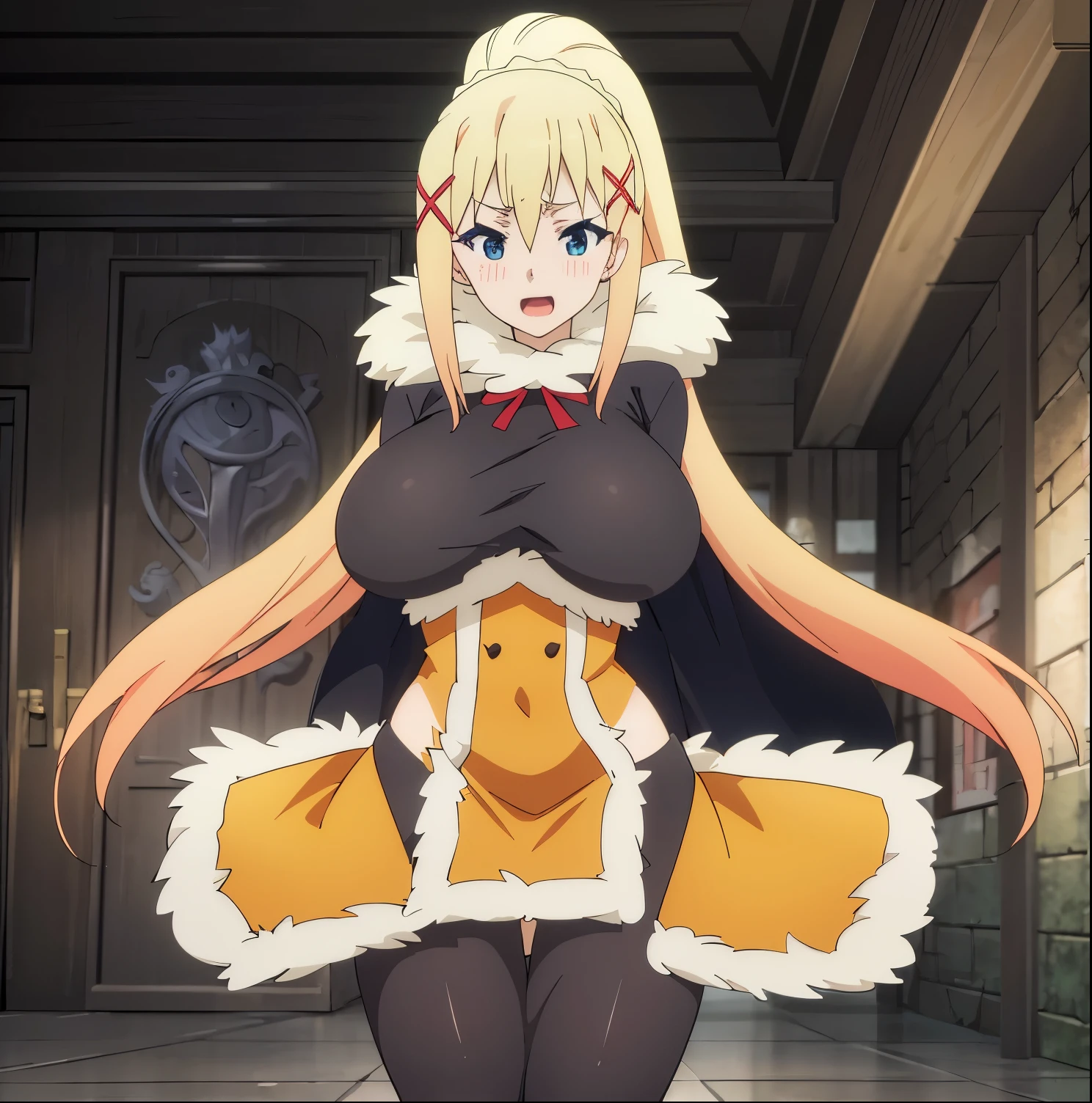 1 girl, alone, brunette, blonde hair, x hair ornament, :D, ponytail, blue eyes, huge breasts, medium waist, wide hips, big thighs, round ass, full body, masterpiece, best quality, blush, side locks, black gloves, hairpin, coat, (fur trim, fur coat:1.3), x hair ornament, letterbox shaped, between breasts, facing viewer, head-on, point of view ( from below), absurd, masterpiece, ultra details, best quality, HD, big hips, excited, sexy, sexy poses, perfect hands, perfect anatomy.