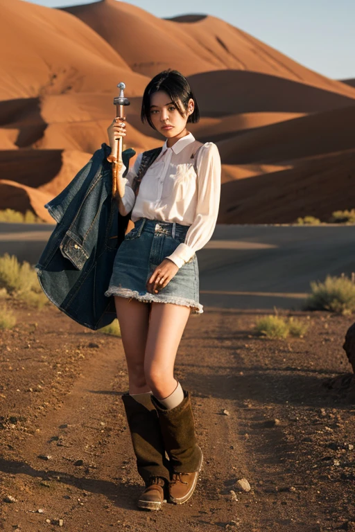 A woman with a black hair and a baby face wearing a miniskirt、Holding an iron pipe in one hand、Wilderness desert、Standing with your legs apart