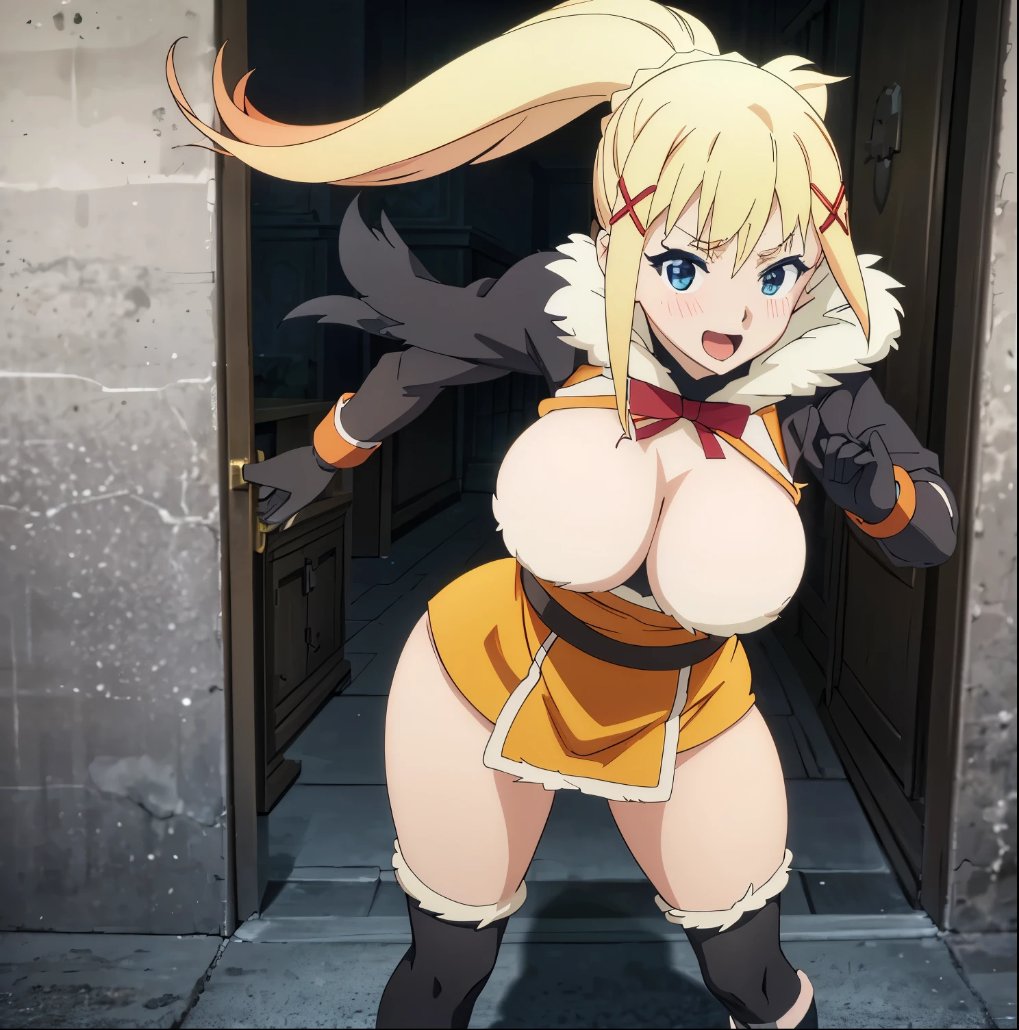 1 girl, alone, brunette, blonde hair, x hair ornament, :D, ponytail, blue eyes, huge breasts, medium waist, wide hips, big thighs, round ass, full body, masterpiece, best quality, blush, side locks, black gloves, hairpin, coat, (fur trim, fur coat:1.3), x hair ornament, letterbox shaped, between breasts, facing viewer, head-on, point of view ( from below), absurd, masterpiece, ultra details, best quality, HD, big hips, excited, sexy, sexy poses, perfect hands, perfect anatomy.