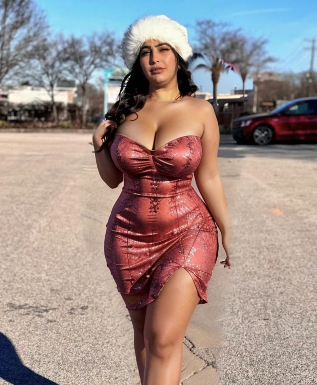 Strapless summer night out drees, short dress, curvy body, cleavage, Arab skin color, curvy, low cut, big cleavage, , legs, thighs, short dress, upper thighs exposed