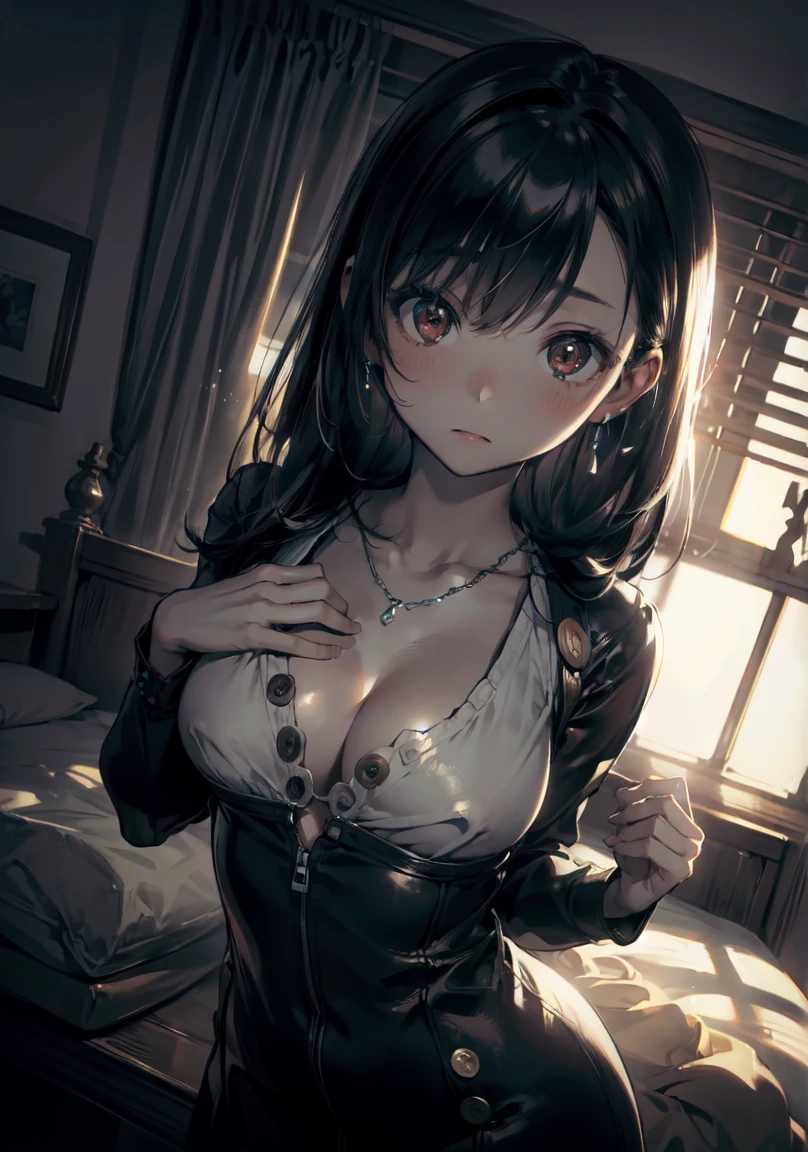 masterpiece,highest quality,Very detailed,8k,((chibi)),
(((One Girl)))、Zhou Haoguang,warm color,Realistic Skin,Glowing Skin,bloom,High Contrast,cute、thin、
break、
(((Look Down、Cowboy shot with contrast、Dynamic Angle:1.3)))、silver chain diamond necklace、Bright red eyes、
break、
Lola Eyes、Lying in bed、Top-down Bottom-up、(Tifa FF7)、
break、
(((A loose shirt dress with large buttons)))、(((Bottomless)))、blush、Embarrassing、((Small breasts))、Accentuate your cleavage、(Erect nipples:0.8)、
break、