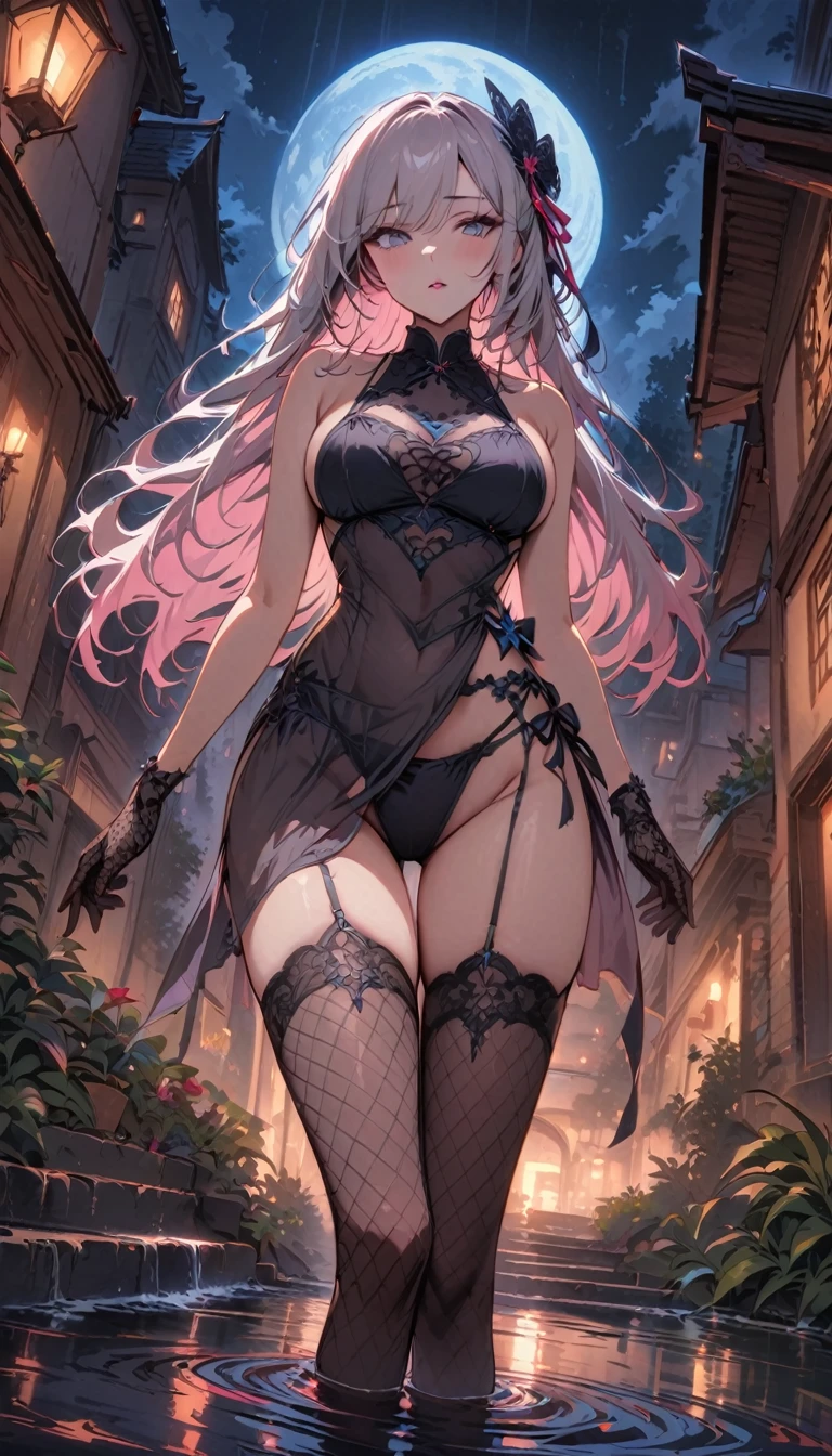 masterpiece, highres, the best, night, full moon, 1 adult woman, solo, standing on the stairs, water flowing on either side of the stairs, black China lingerie, Royal sister, blushing, woman with long silver hair, light pink lips, fishnet stockings, calm, intellectuals, Three bangs, lace gloves, grey eyes, facial details, ((sfw)),