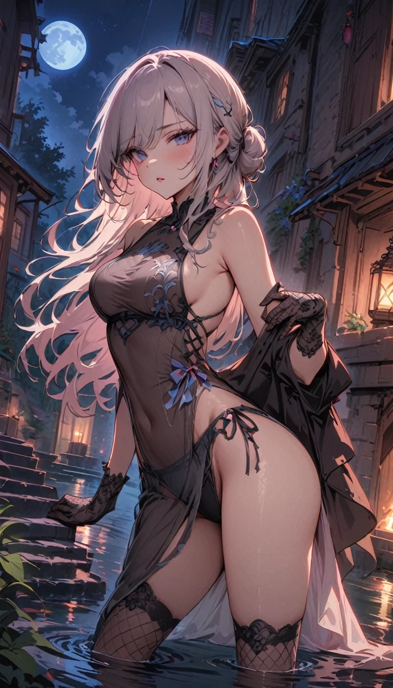 masterpiece, highres, the best, night, full moon, 1 adult woman, solo, standing on the stairs, water flowing on either side of the stairs, black China lingerie, Royal sister, blushing, woman with long silver hair, light pink lips, fishnet stockings, calm, intellectuals, Three bangs, lace gloves, grey eyes, facial details, ((sfw)), 