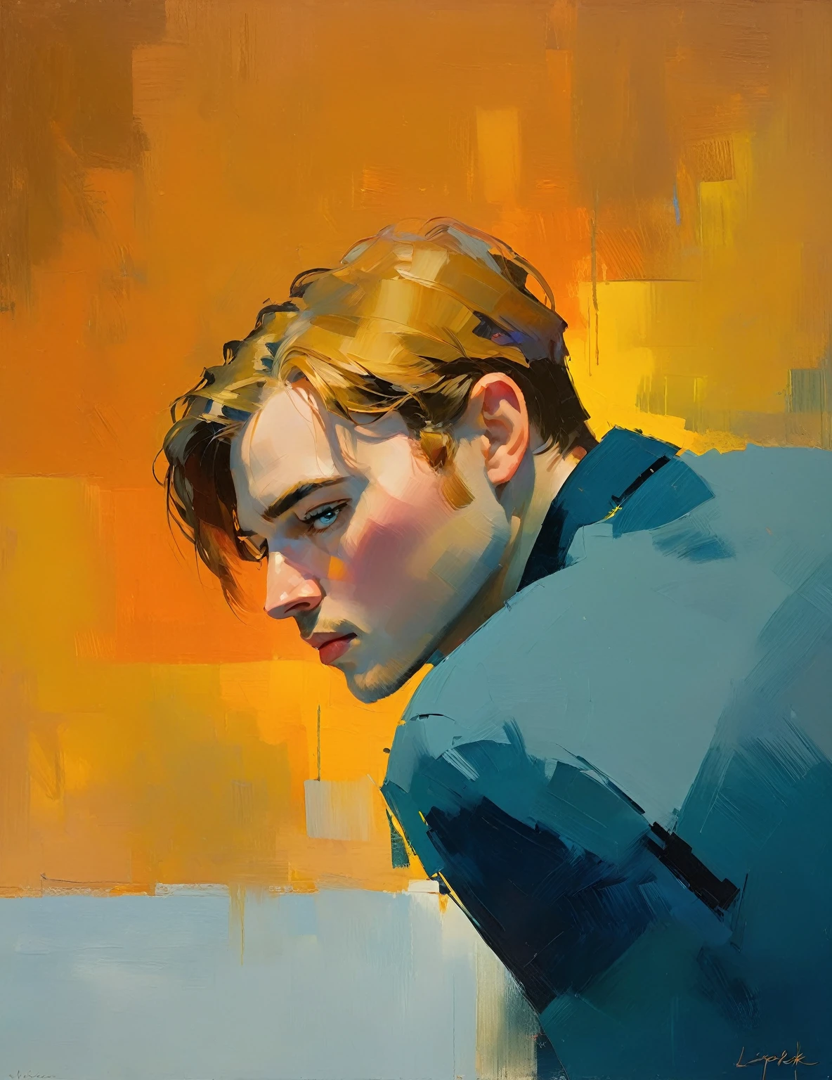 Create an evocative oil painting inspired by Malcolm Liepke, Capture the man's introspective expression and refined mood using thick, expressive brushstrokes. Infuse the painting with a warm, muted color palette, incorporating earthy tones and deep blues. Highlight the dramatic interplay of light and shadow, casting a soft, golden glow from the window. Emphasize the tactile quality of the oil paint and maintain a simple, textured background that complements the subject's contemplative presence.