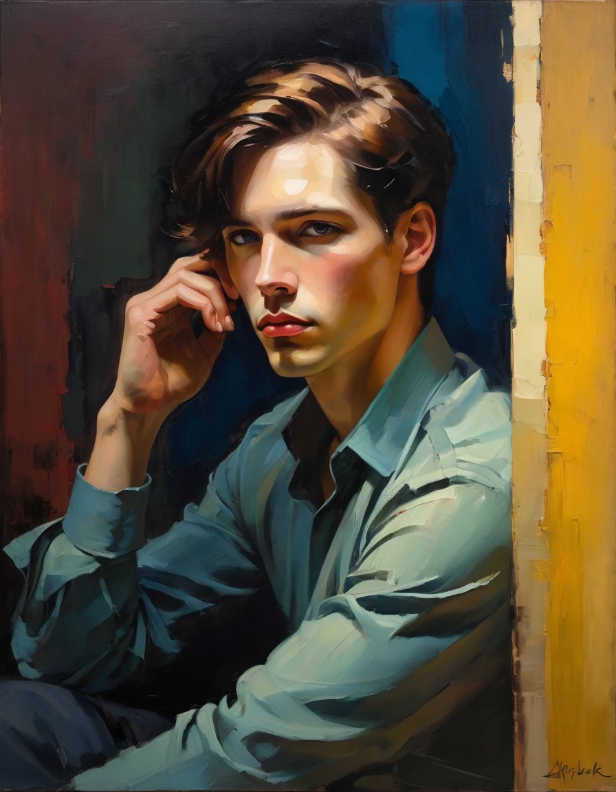 Create an evocative oil painting inspired by Malcolm Liepke, Capture the man's introspective expression and refined mood using thick, expressive brushstrokes. Infuse the painting with a warm, muted color palette, incorporating earthy tones and deep blues. Highlight the dramatic interplay of light and shadow, casting a soft, golden glow from the window. Emphasize the tactile quality of the oil paint and maintain a simple, textured background that complements the subject's contemplative presence.