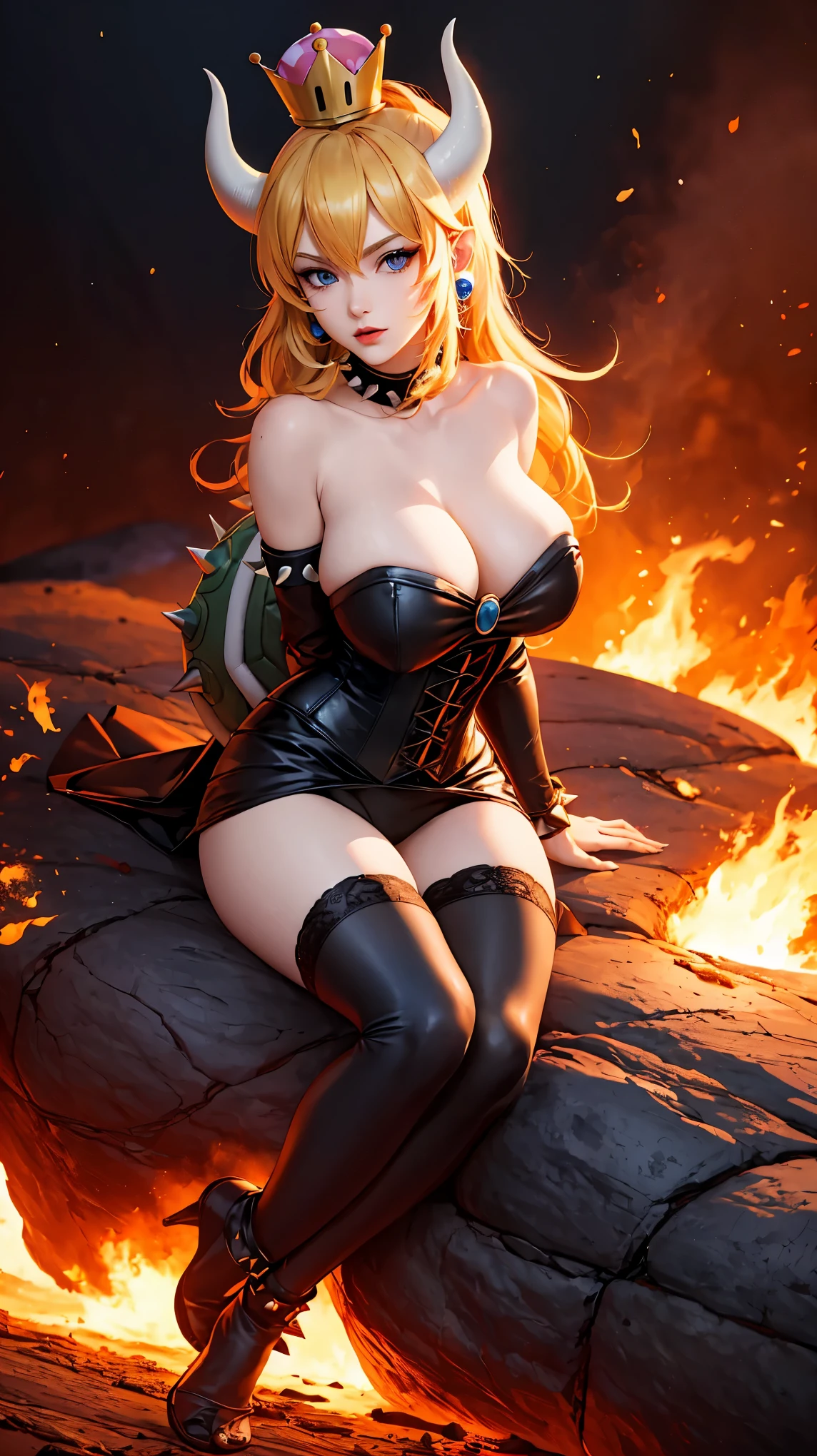((high detailed, best quality, 4k, masterpiece, hd:1.3)), ((best quality)), (((HD))), (((8k))), (ultraDH), (ultra HD), Princess Daisy, blue eyes, BREAK blue eyes, seductive, attractive, smooth anime cg art, 36C breasts, long legs, vivid colors, detailed digital art, slim body, perfect skin, dark blonde hair, long hair, blonde hair, blonde hair, BREAK crown, cleavage, 36C cleavage, looking at viewer, BREAK looking at viewer, extremely detailed face, red santa suit, red santa claus suit, santa claus suit, earrings, gem, dark black makeup lips, dark gothic eyeshadows, dark eyeshadows, black eyeshadows, black sexy lips, black lips, (dark:1.2), dark lips, very dark lips, (perfect hands, perfect anatomy), black makeup, black medium lips, black thick lips, detailed fingers, five fingers per hand, 5 fingers, (1 girl), detailed lips, detailed black lips, black painted lips, gothic painted lips, BREAK night, night sky, (breast focus), (arms outstreched:1.2), (from above:1.1), (breasts out:1.3), (off shoulder:1.1), (white horns), (corset), inside a lava castle, she inside a sea of lava, she bathing in lava, full body, perfect long legs, perfect foots, legs and foots into the lava,