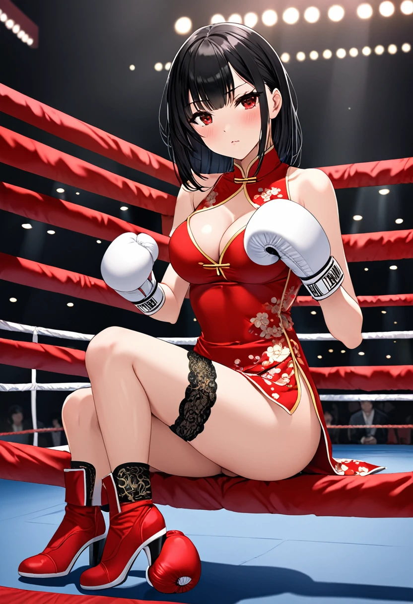 high quality, girl, Black straight hair, Red eyes, provocative,blush,Wearing cheongsam, Black garter stockings，high-heel boots，Wearing white boxing gloves, Hands in boxing gloves，Cleavage，nipple，Long legs，Sitting in the ring