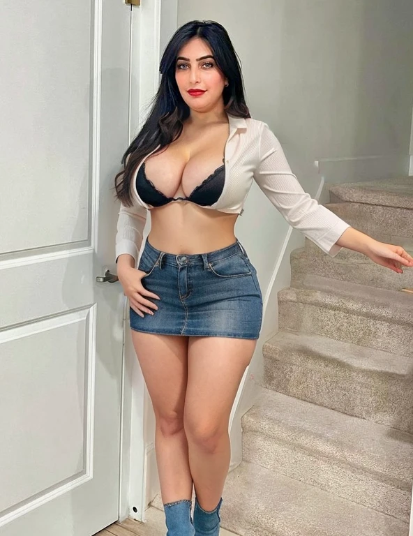 Opened top, mini skirt, cleavage, curvy, medium breast size