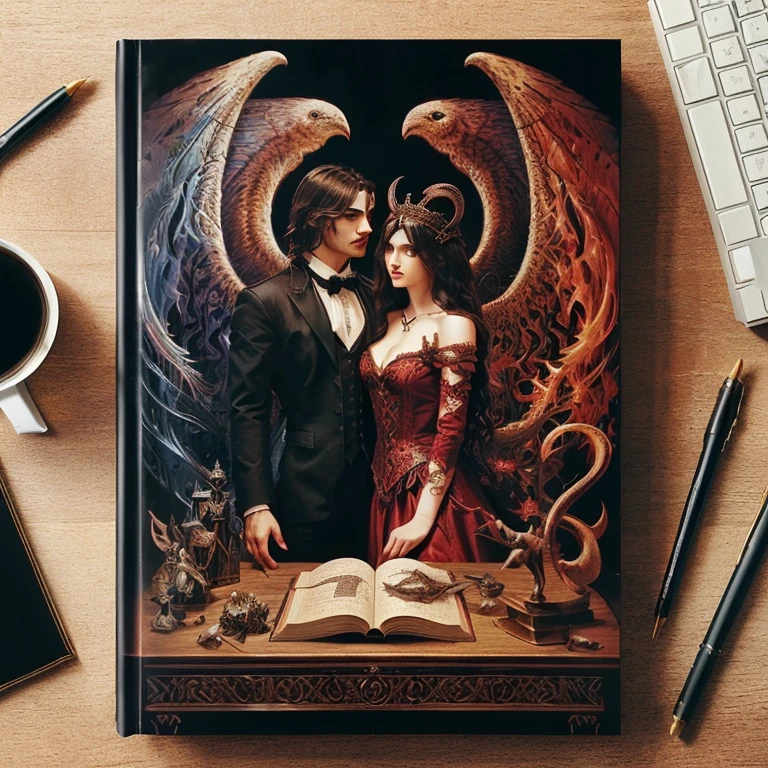 there is a photo of a couple standing next to a book, arte da capa detalhada, capa de arte illustration, arte de livro de arte, arte de capa de romance para um livro, fantasy book illustration, estilo de capa de livro de romance, gothic fantasy art, book cover illustration, design de arte da capa, retrato de livro de RPG, Gothic romance, capa de jornal de luxo, capa do livro de fantasia, capa de arte, title Devil's Cases