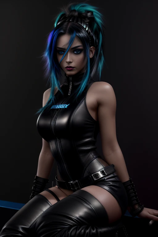 beautiful girl, full body, short bright blue neon streaked dishevelled hair, ((large light realistic detailed eyes:1.3)), ((seductive pose:0.5)), black eyeshadow, (street style wear:1.2), ((tight fitted short pants)), ((thigh high leather boots:1.3)), (dark city night black background:1.4), dark makeup, digital art, trending on artstation, highly detailed, fine detail, intricate, beautiful detailed glow, detailed, Cinematic light, high-res, detailed facial features, sharp focus, smooth, aesthetic,