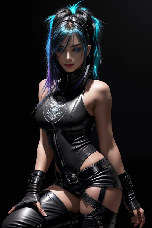 beautiful girl, full body, short bright blue neon streaked dishevelled hair, ((large light realistic detailed eyes:1.3)), ((seductive pose:0.5)), black eyeshadow, (street style wear:1.2), ((tight fitted short pants)), ((thigh high leather boots:1.3)), (dark city night black background:1.4), dark makeup, digital art, trending on artstation, highly detailed, fine detail, intricate, beautiful detailed glow, detailed, Cinematic light, high-res, detailed facial features, sharp focus, smooth, aesthetic,