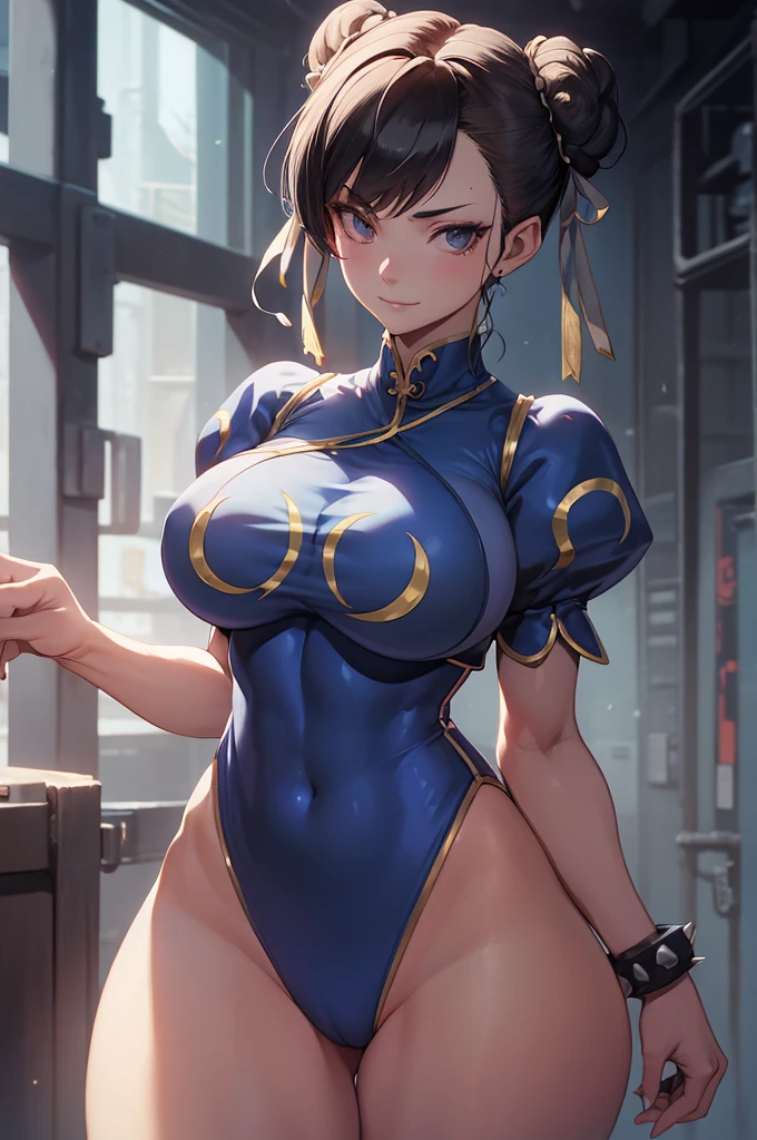 chun li,,visto de cima,olhando de cima,olhando para cima,melhor qualidade,roupa azul,chun li,solo, masterpiece, best quality, agrias, grey sweater, black leotard, standing, looking at viewer, short hair,oculos,evil smile, evil look,luvas preta,roupa azul,yandere rosto,low lighting,coxa sarada copo detalhado,olhando para frente juri han,bela,mao detalhada