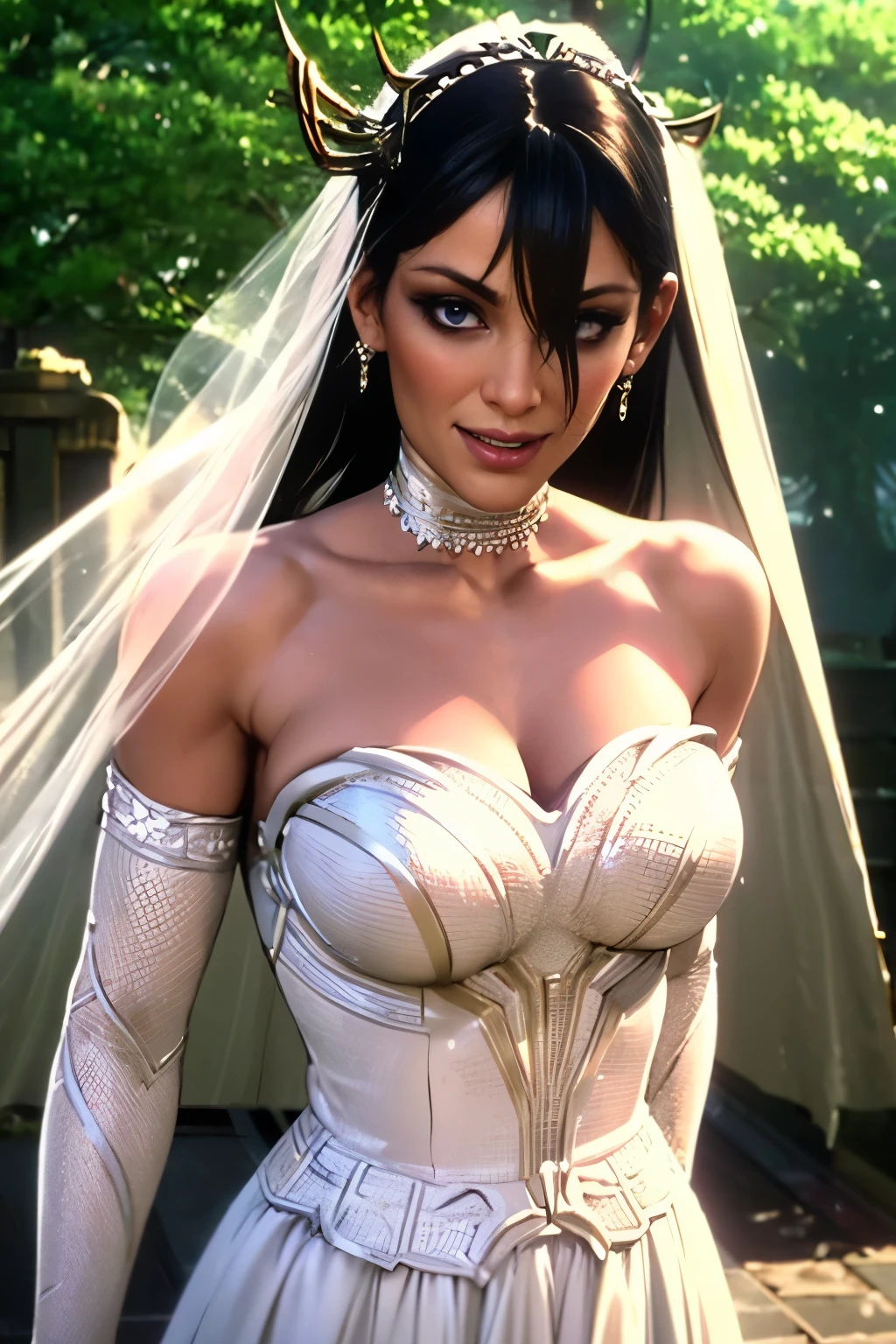 1girl, solo,Hela marvel, crown,earrings ,lipstick, eye shadow, makeup, hair between eyes, ahoge, hair ornament, gloves, dress, cleavage, bare shoulders, collarbone, white oprea gloves, white gloves, white dress, strapless, white choker, tiara, veil, strapless dress, wedding dress, bridal veil, beautiful woman, perfect body, perfect breasts, wearing a wedding dress, ball gown, in the park trees, wedding decorations, looking at the viewer,  smile, realism, masterpiece, textured skin, super detail, high detail, high quality, best quality, 1080p,