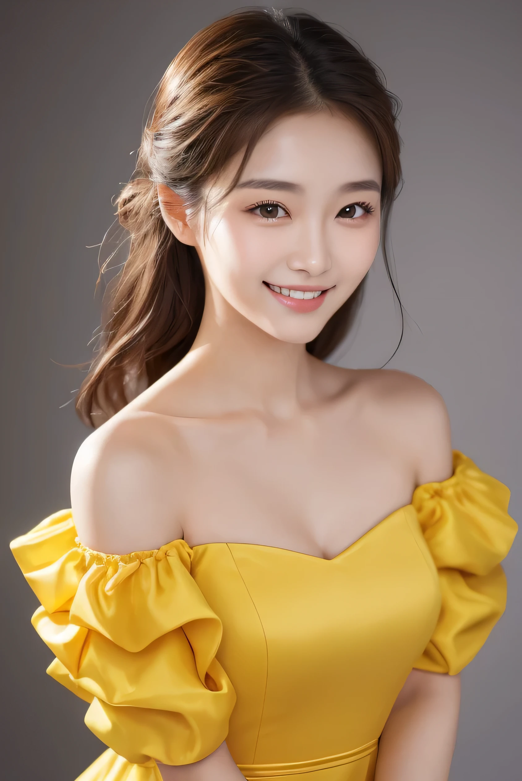 Korean Girls, 18-year-old, A stunning face, Wearing a bright yellow gown, A half-body shot for elegance, Taken with high resolution photos. Gray blurred background, Enhances image resolution and fine details. The girl smiles gently, Her eyes sparkle like stardust, Adding glamour to ultra-realistic captures. bust, What's hidden under the yellow dress?, Showcasing perfect anatomical shape. The soft light of nature envelops the scene., Create a white aura around the girl