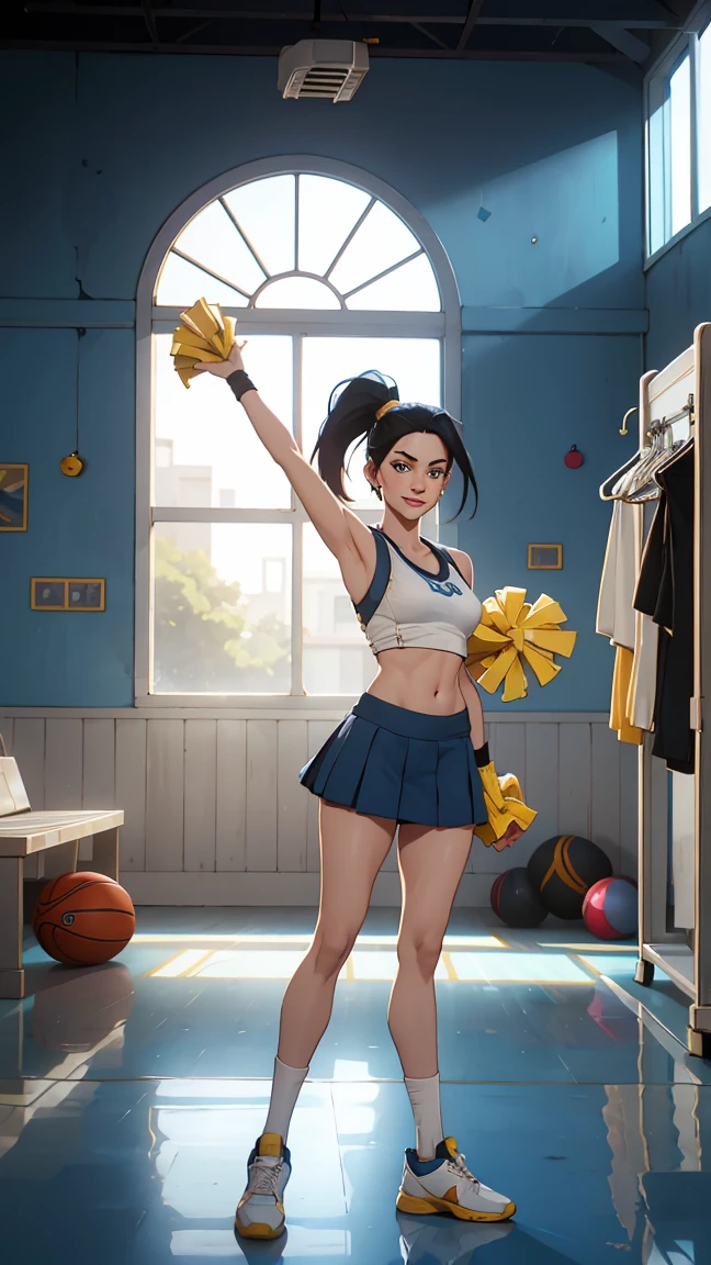 very pale ariana grande smiling, young 30 year old woman, smaller breast size, topless, long straight black hair, hair bangs, single long pony tail, hair framing face, light blue eyes, cinematic natural light, organic dust particles in the light, sensual, 4k, look at camera, underware, highly detailed face, ((full body)), in cheerleader outfit with short blue skirt and white skin tight tank-top, in gym changing room, lookers in background, yellow tiles walls, clothes racks, towels hanging, high ceilng windows, yellow room light, towel on floor, clothing around, sports shoes on floor, shirt on bench next to character, dancing