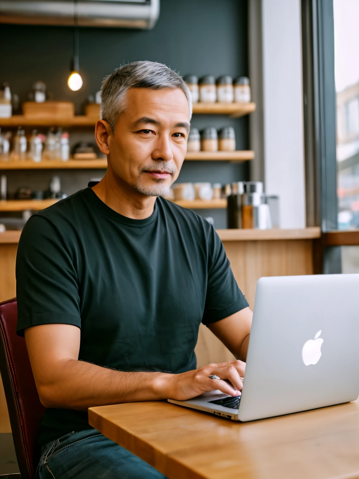 man 45 years old, thin build, hair cut short (Crew Cut), sitting in a cafe with a macbook