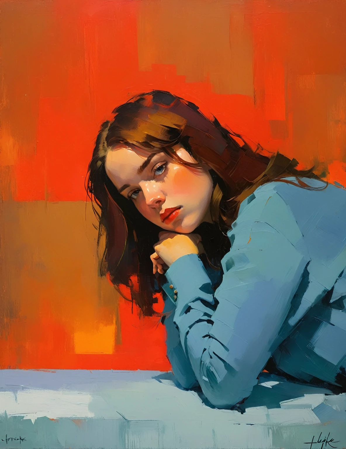 Create an evocative oil painting inspired by Malcolm Liepke, based on the provided image. Capture the intense, introspective expression of the young subject using thick, expressive brushstrokes and a muted color palette. Highlight the emotional depth and vulnerability in the subject's gaze, emphasizing the play of light and shadow on their face. Maintain a simple, textured background that complements the subject's contemplative presence. Focus on the tactile quality of the oil paint to convey the raw emotion and intimacy characteristic of Liepke's style.