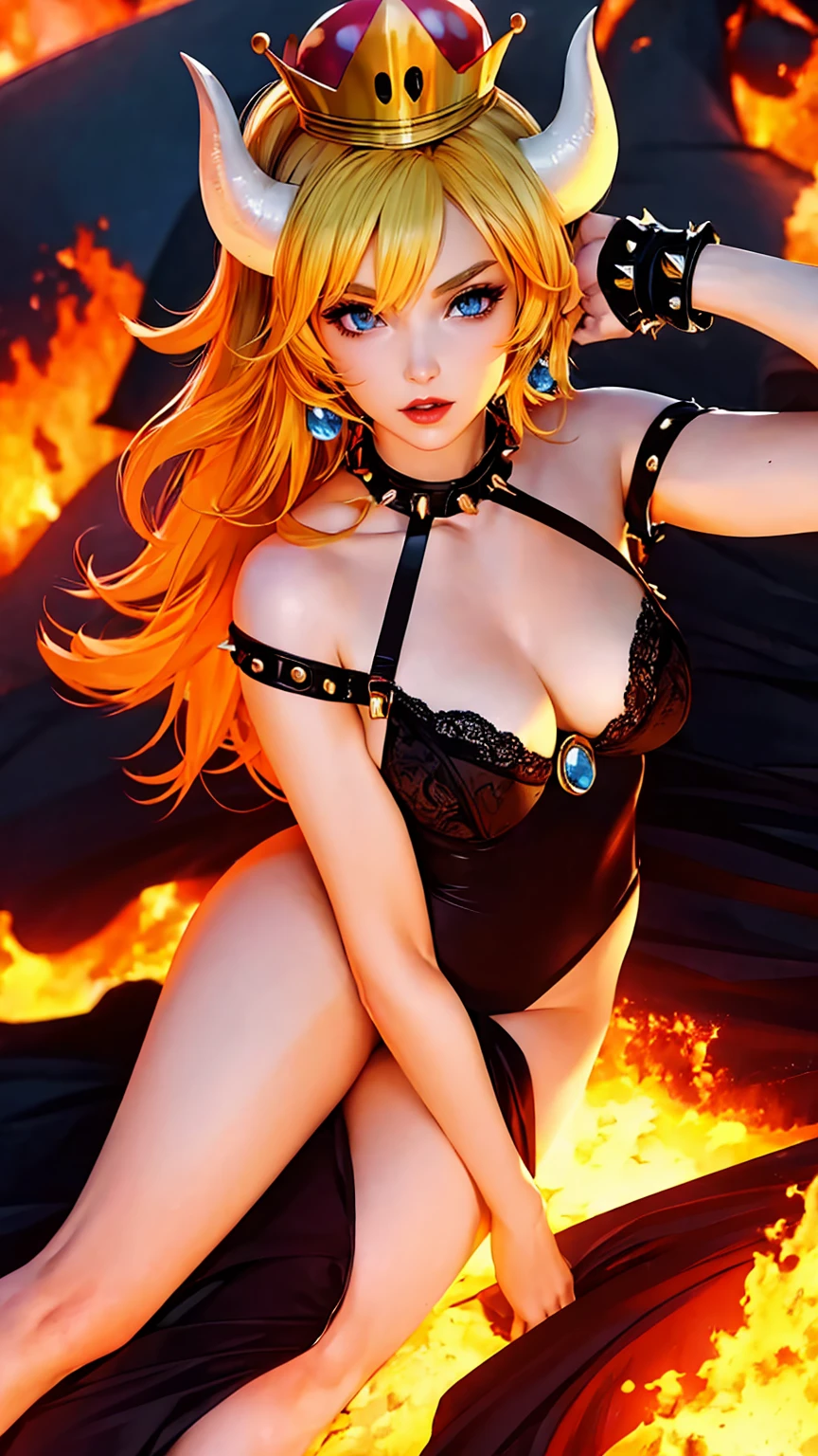 ((high detailed, best quality, 4k, masterpiece, hd:1.3)), ((best quality)), (((HD))), (((8k))), (ultraDH), (ultra HD), Princess Daisy, blue eyes, BREAK blue eyes, seductive, attractive, smooth anime cg art, 36C breasts, long legs, vivid colors, detailed digital art, slim body, perfect skin, dark blonde hair, long hair, blonde hair, blonde hair, BREAK crown, cleavage, 36C cleavage, looking at viewer, BREAK looking at viewer, extremely detailed face, red santa suit, red santa claus suit, santa claus suit, earrings, gem, dark black makeup lips, dark gothic eyeshadows, dark eyeshadows, black eyeshadows, black sexy lips, black lips, (dark:1.2), dark lips, very dark lips, (perfect hands, perfect anatomy), black makeup, black medium lips, black thick lips, detailed fingers, five fingers per hand, 5 fingers, (1 girl), detailed lips, detailed black lips, black painted lips, gothic painted lips, BREAK night, night sky, (breast focus), (arms outstreched:1.2), (from above:1.1), (breasts out:1.3), (off shoulder:1.1), (white horns), (lingerie), inside a lava castle, she inside a sea of lava, she bathing in lava, full body, perfect long legs, perfect foots, legs and foots into the lava,