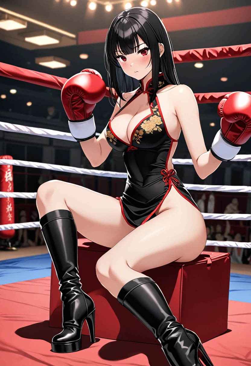 high quality, girl, Black straight hair, Red eyes, provocative,blush,Wearing cheongsam, Black garter stockings，high-heel boots，Wearing white boxing gloves, Hands in boxing gloves，Cleavage，，Long legs，Sitting in the ring