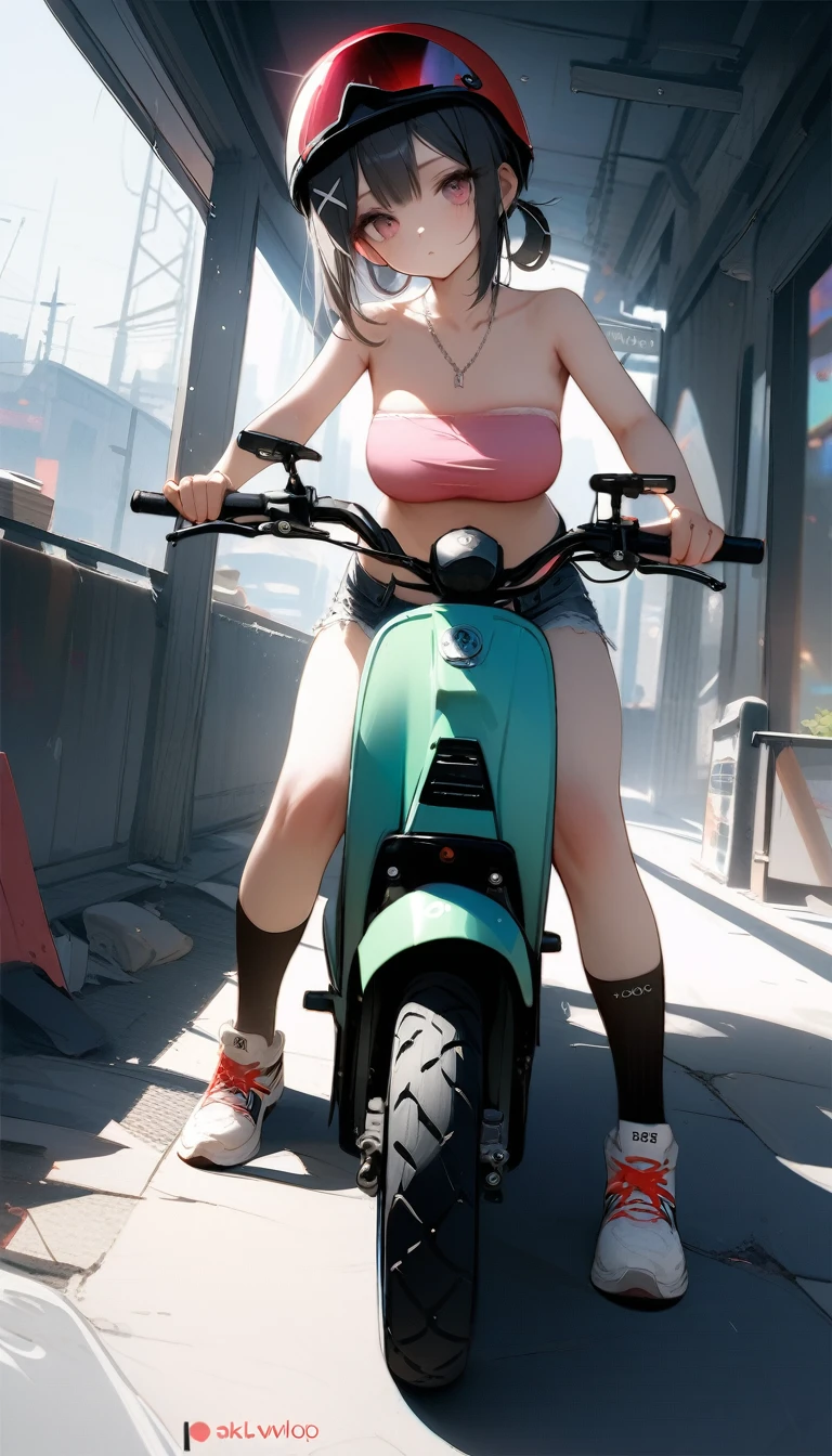 [artist:ningen_mame],[artist:sho_(sho_lwlw)],[artist:mignon],[artist:kedama milk],[artist:ask_(askzy)],artist:wanke,artist:wlop,artist:fujiyama,year 2024,8k,(masterpiece, best quality, perfect lighting, direct lighting:1.2),whole body,1girl,(Miyu Edelfelt),black hair,brown eyes,gigantic breasts,scooter helmet,belt,x hair ornament,chain necklace,collarbone,fingernails,fishnets,sneakers,sockes,(riding electric scooter:1.4),hoop earrings,looking at viewer,midriff,thong,(pink bandeau),strapless,frayed denim shorts,stud earrings,