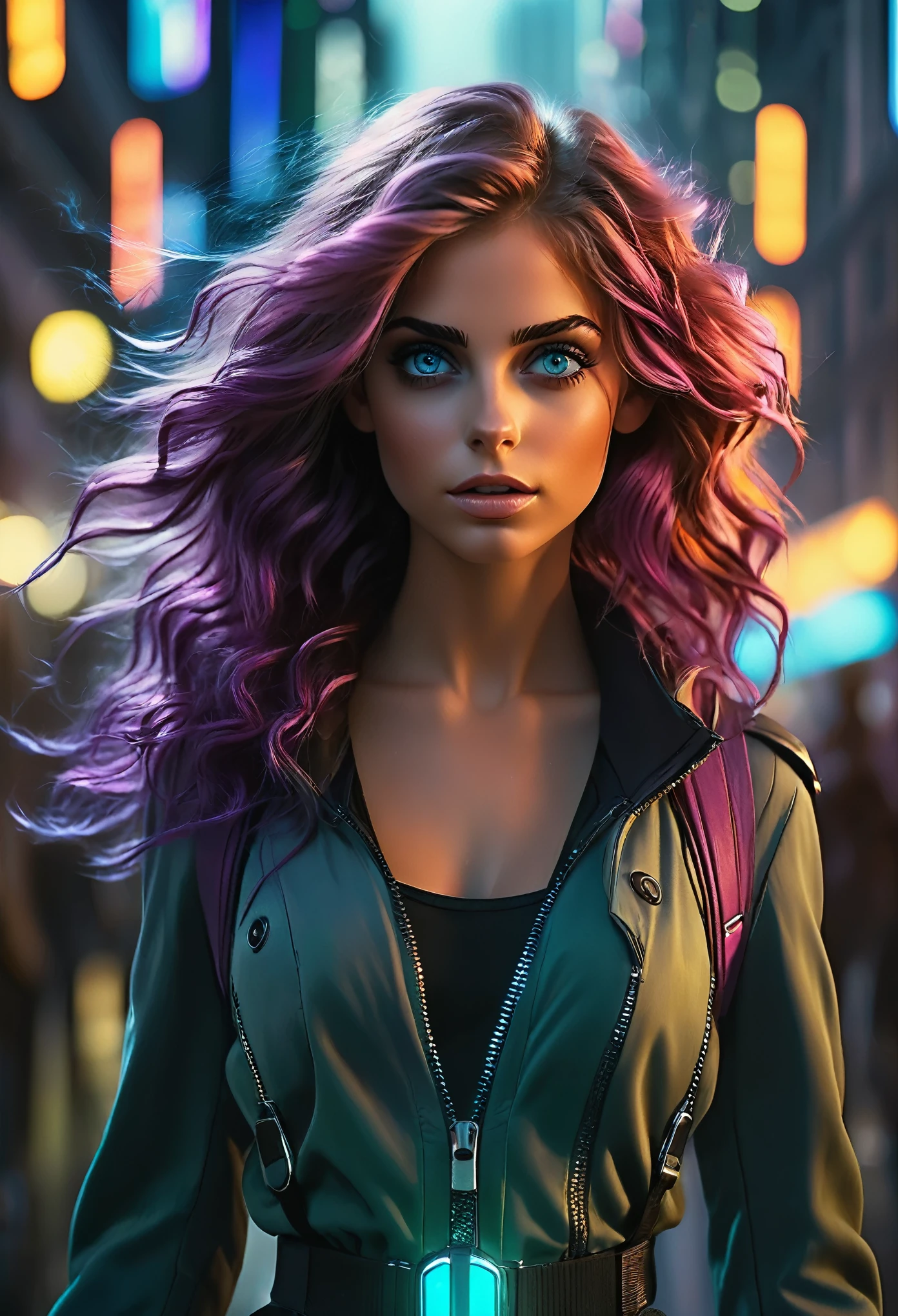 Photorealistic, RAW photo, realistic colors, Colorful, cute woman, walking through a futuristic cityscape, seductive look and sexy, A hyper-realistic, cinematic  composition, delicate detail, highly detailed face and eyes, Masterpiece, adorable, astounding, Exquisite, captivating, polished, Excellent, stupendous, cinematic colors, vivid colors, Hair illumination, voluminous lighting, 8K, Perfect eyes, expressive eyes, Smoke particle fx, mist, bokeh