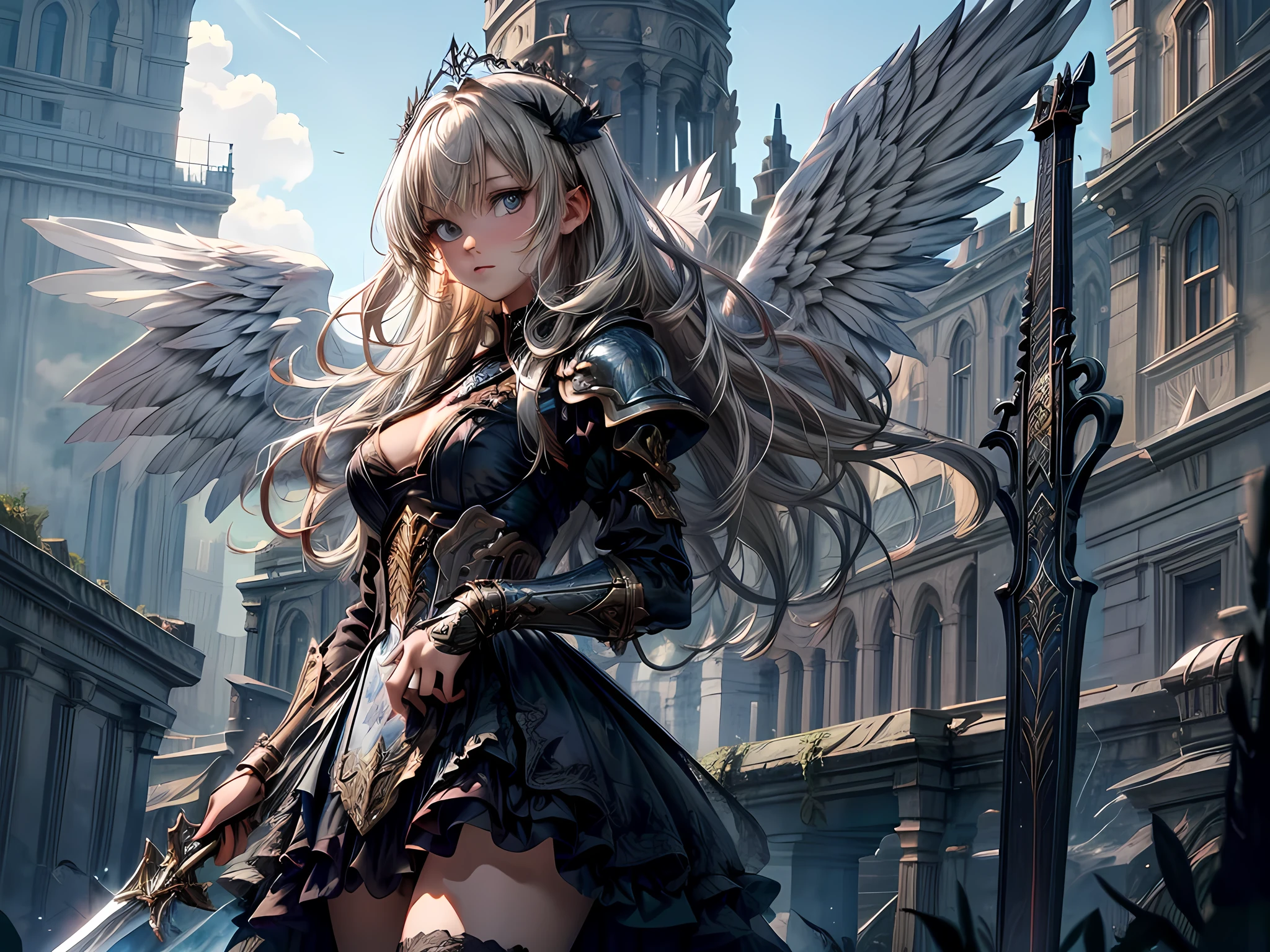 16K, ultra detailed, masterpiece, best quality, (extremely detailed), arafed, dnd art, portrait, full body, aasimar, female, (Masterpiece 1.3, intense details), female, paladin, holy warrior fighting undead (Masterpiece 1.3, intense details) large angelic wings, white angelic wings spread (Masterpiece 1.3, intense details), dark fantasy cemetery background, moon light, moon, stars, clouds, wearing (white: 1.1) armor (Masterpiece 1.3, intense details), holy symbol, armed with sword, short blond hair, detailed face, (Masterpiece 1.5, best quality), anatomically correct (Masterpiece 1.3, intense details), angel_wings, determined face, god rays, cinematic lighting, glowing light, silhouette, from outside, photorealism, panoramic view (Masterpiece 1.3, intense details) , Wide-Angle, Ultra-Wide Angle, 8k, highres, best quality, high details, armored dress