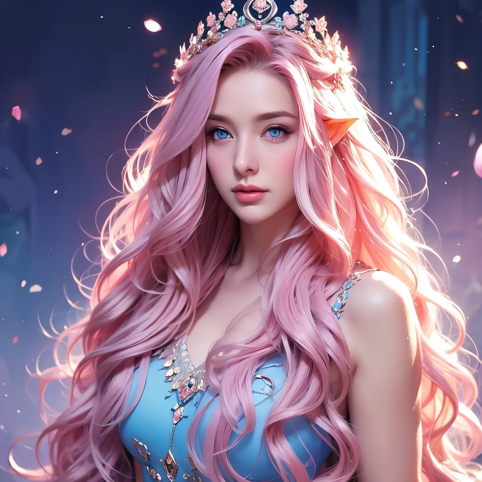 Woman, long wavy hair, pink hair, blue eyes, elf , Fur-trimmed dress, queen, crown, jewelry, delicate, sexy,Alone, curves, fur detail on the dress, elf