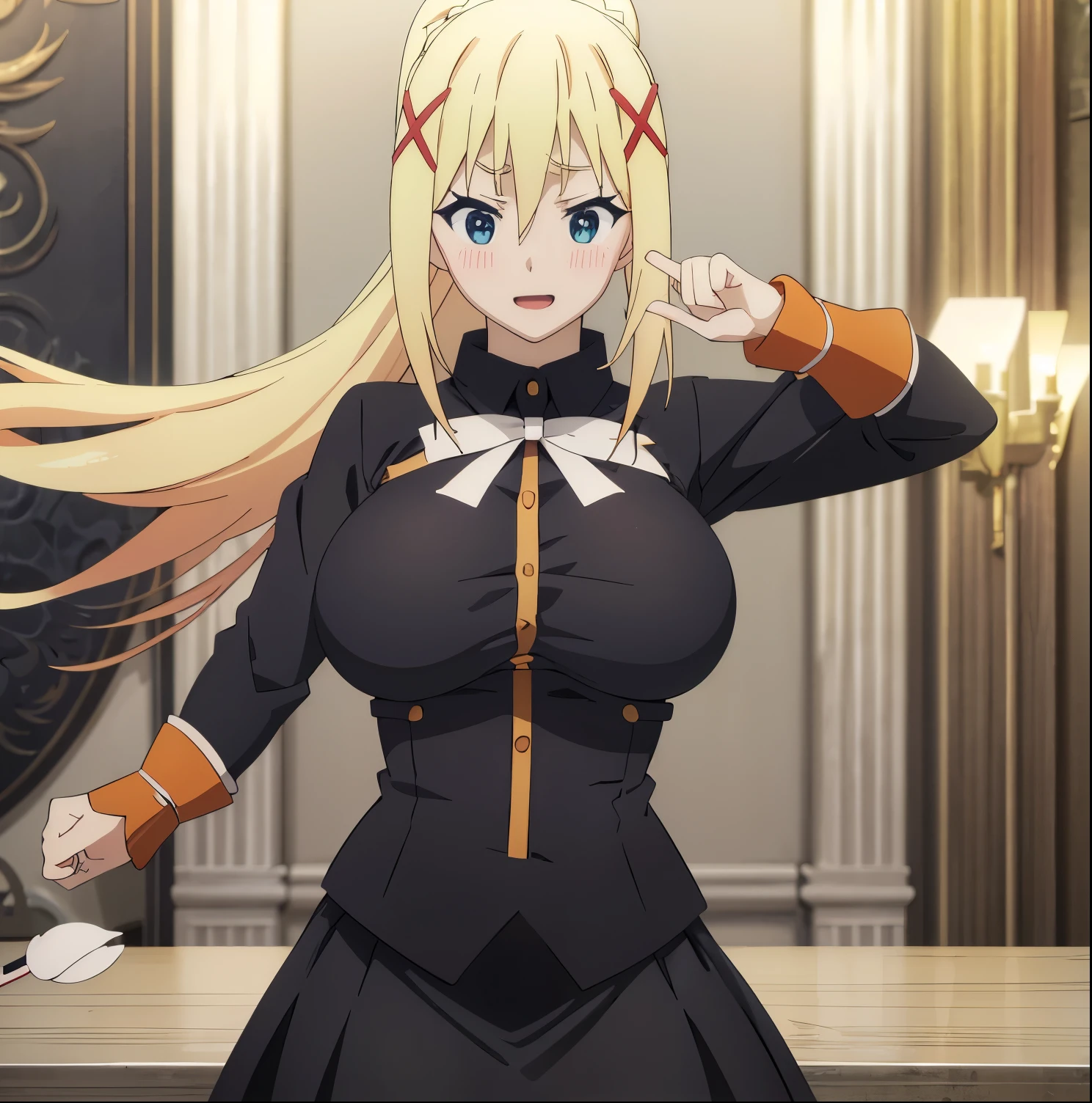 1 girl, alone, darkness, blonde hair, x hair ornament, :D, ponytail, blue eyes, huge breasts, medium waist, wide hips, big thighs, round ass, full body, long hair, breasts, blush , bangs, blue eyes, skirt, blonde hair, big breasts, shirt, hair ornament, long sleeves, bow, ribbon, hair between eyes, closed mouth, upper body, ponytail, side locks, bow tie , , black shirt, looking away, white bow, x hair ornament, looking at viewer, head on, point of view (from below), absurd, masterpiece, ultra details, best quality, HD, big hips, excited , sexy, sexy poses, perfect hands, perfect anatomy.