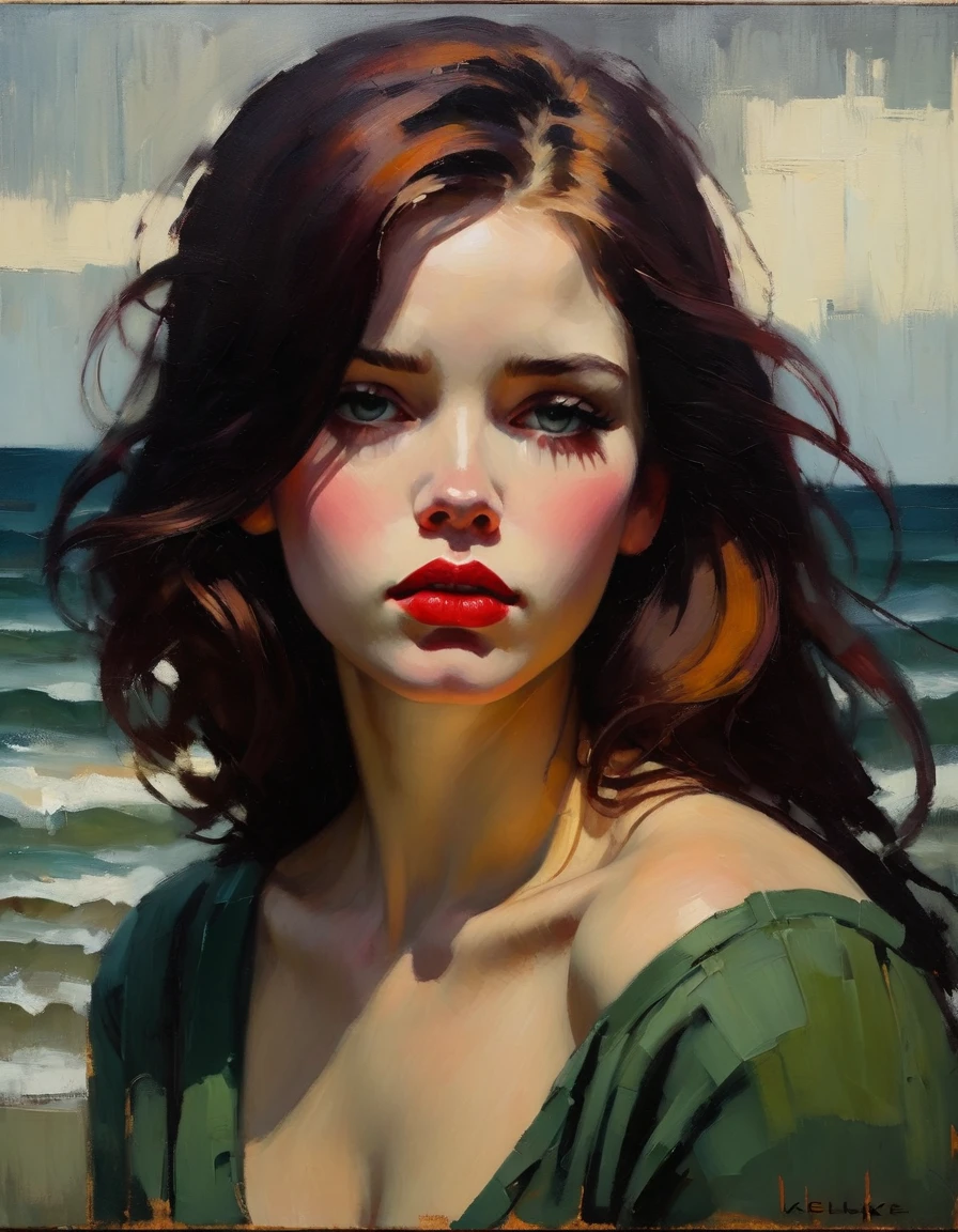 Create an evocative oil painting inspired by Malcolm Liepke, based on the provided image. Capture the intense, introspective expression of the young subject using thick, expressive brushstrokes and a muted color palette. Highlight the emotional depth and vulnerability in the subject's gaze, emphasizing the play of light and shadow on their face. Maintain a simple, textured background that complements the subject's contemplative presence. Focus on the tactile quality of the oil paint to convey the raw emotion and intimacy characteristic of Liepke's style.