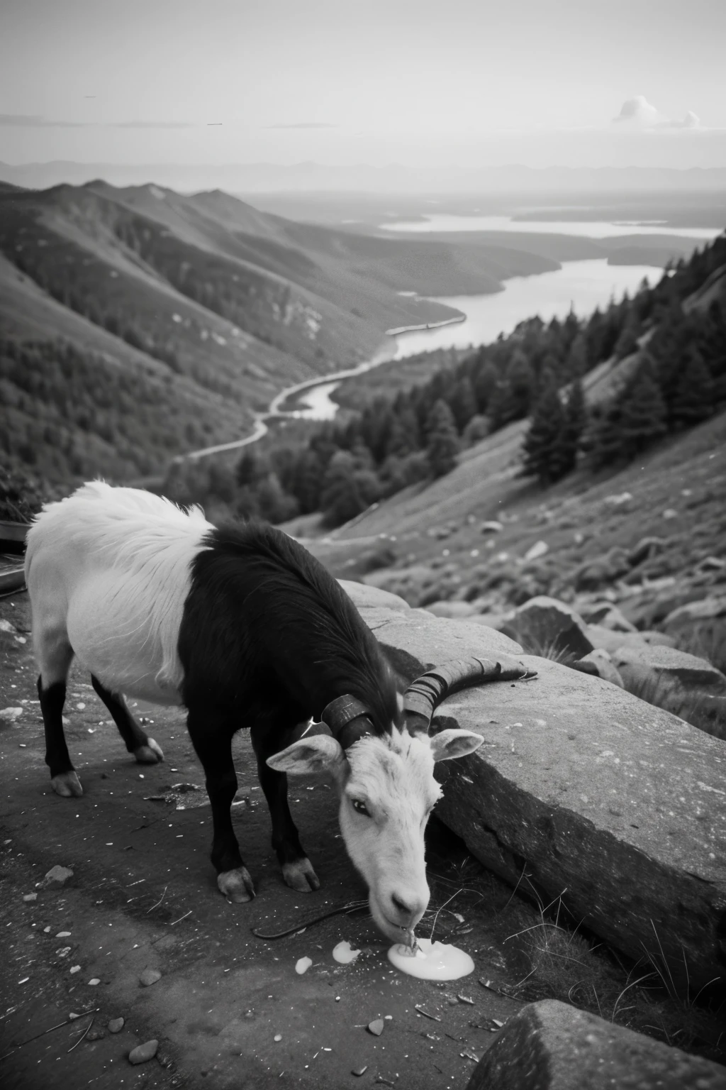 simple illustration, no realism, black and white, no gray, goat eating shurb on mountain