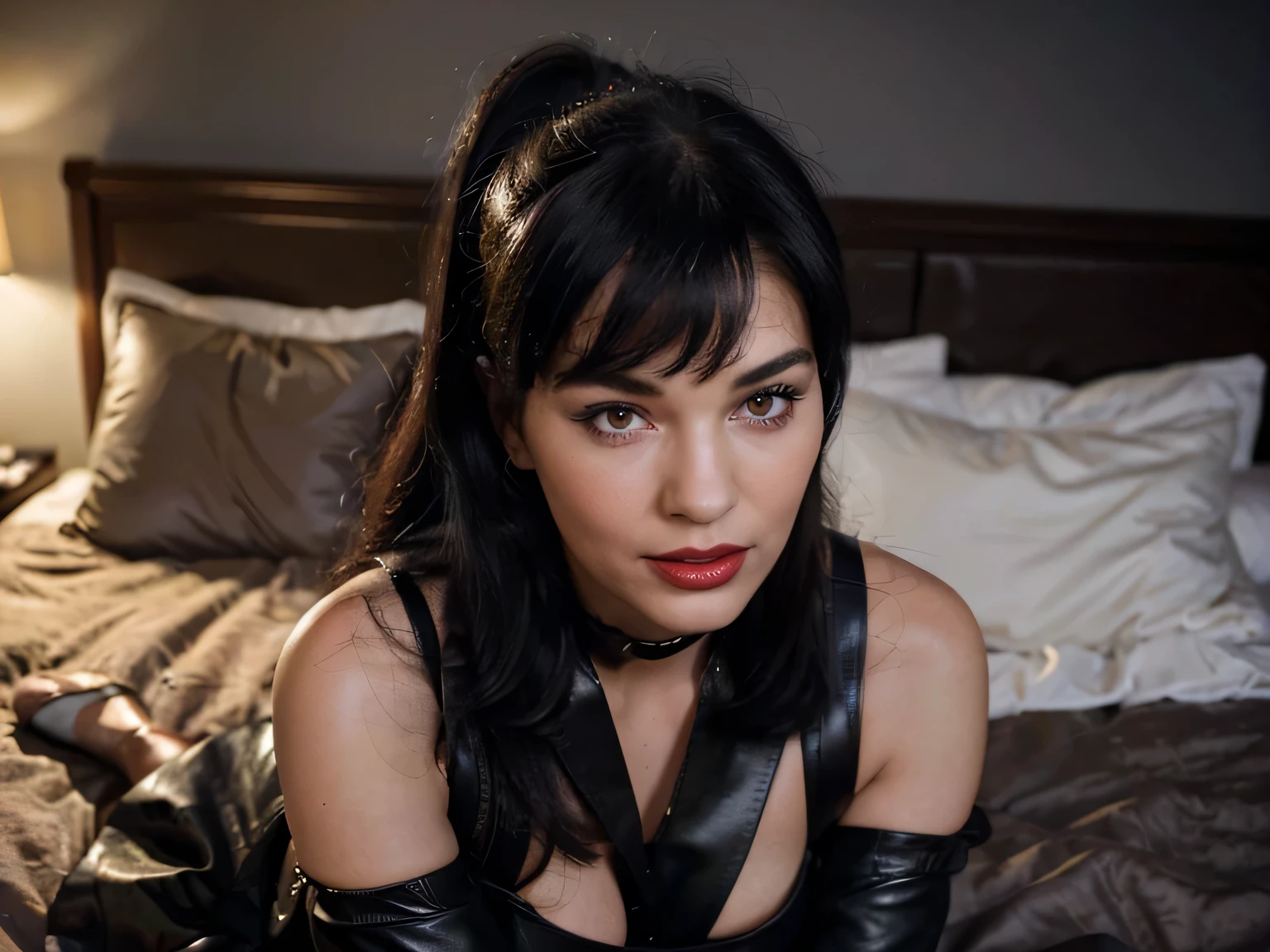 Professional portrait photography of a beautiful smiling catwoman.,Bettie page chica en ropa de invierno ,cola de caballo pelo negro, pintalabios rojo,maxifalda larga negra(maxifalda larga negra:1.2),mirada coqueta y sensual, beautiful symmetrical face, maquillaje bastante natural, wearing stylish and warm winter fashion clothes,coqueteando con la camara, ((guantes de cuero negro)), ((lying in bed with my hands and feet tightly chained to the bed in front of me in my dark hotel room )), ultra realista, Arte conceptual, elegant, Muy detallado, complejo, Sharp focus, profundidad de campo, F/1. 8, 85mm, (((color calificado profesionalmente))), luz difusa suave y brillante, (volumetric fog), tendencia en Instagram, hdr 4k, 8k