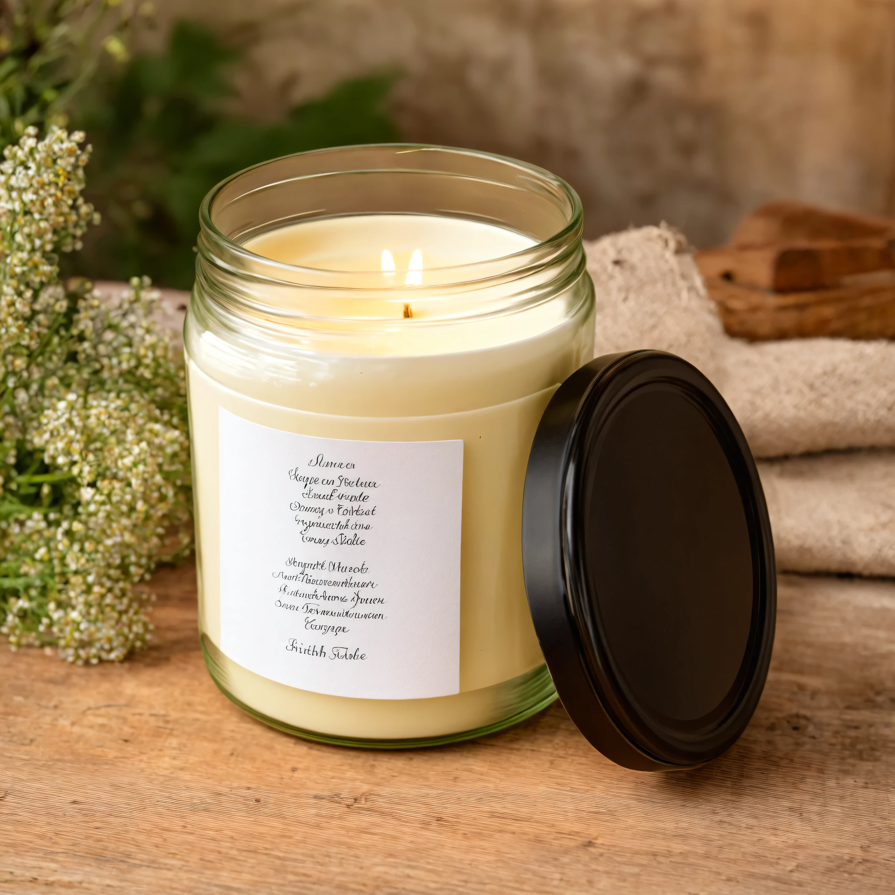 candle in a jar with empty label, and black lid, standing on a rustic table, product presentation, wooden table in a cottagecore environment, british country style, blurry background, earthy colors, flowers on the table, daylight