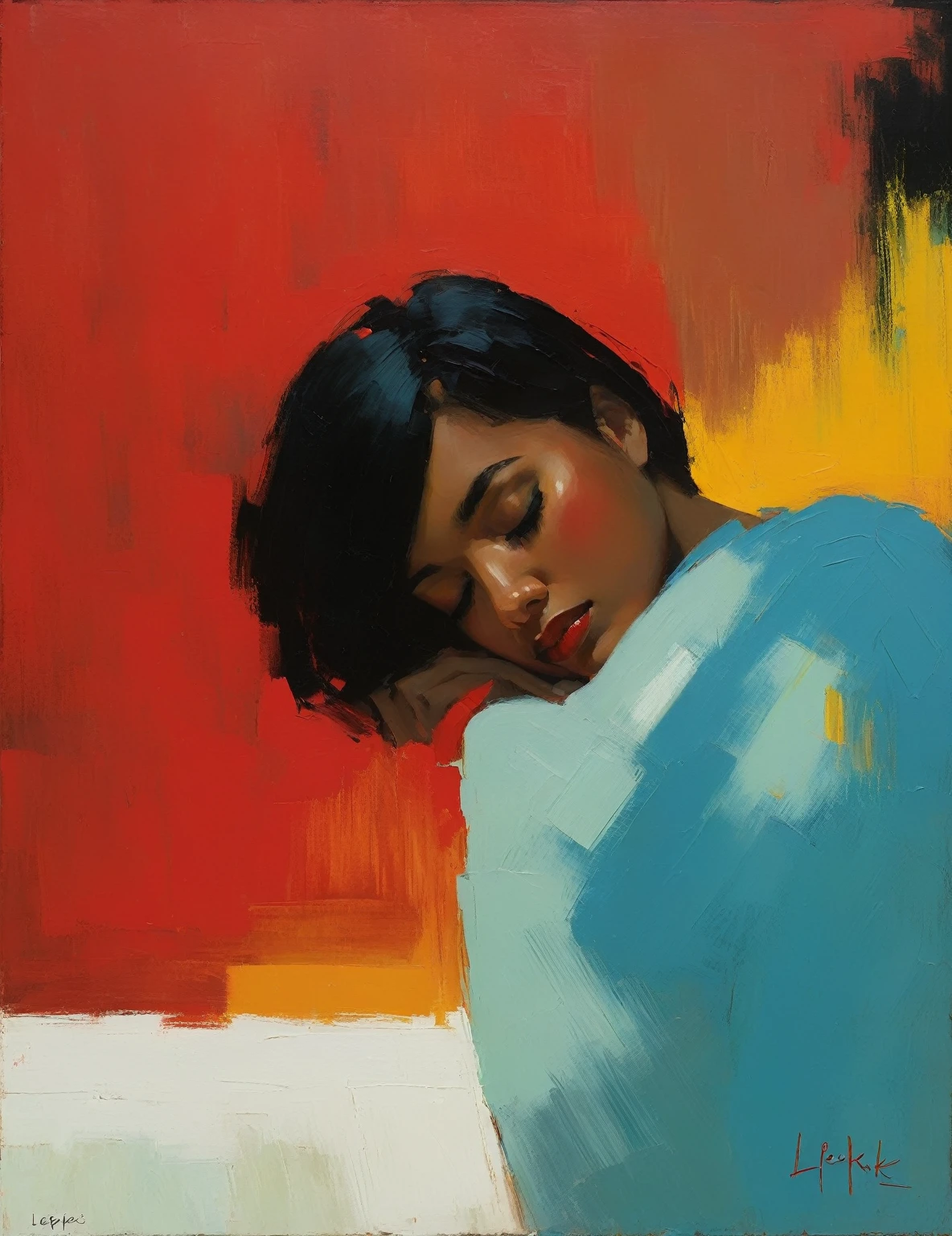 Create an evocative oil painting inspired by Malcolm Liepke, based on the provided image. Capture the intense, introspective expression of the young subject using thick, expressive brushstrokes and a muted color palette. Highlight the emotional depth and vulnerability in the subject's gaze, emphasizing the play of light and shadow on their face. Maintain a simple, textured background that complements the subject's contemplative presence. Focus on the tactile quality of the oil paint to convey the raw emotion and intimacy characteristic of Liepke's style.