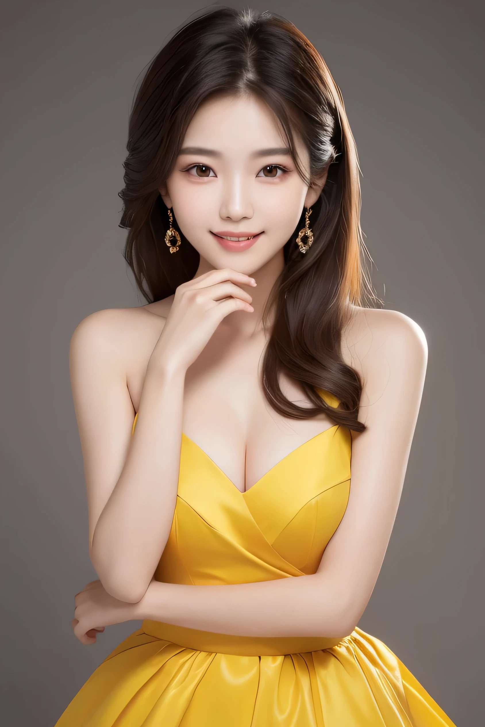 Korean Girls, 18-year-old, A stunning face, Wearing a bright yellow gown, Half-body shot for an elegant look, Taken with high resolution photos. Gray blurry background, Improve image resolution and detail. The girl smiles gently, Her eyes shine like stardust, Adding glamour to ultra-realistic captures. bust, What'Hiding under a black dress?, Show off your perfect anatomy. The soft light of nature envelops the scenery., Create a white aura around the girl