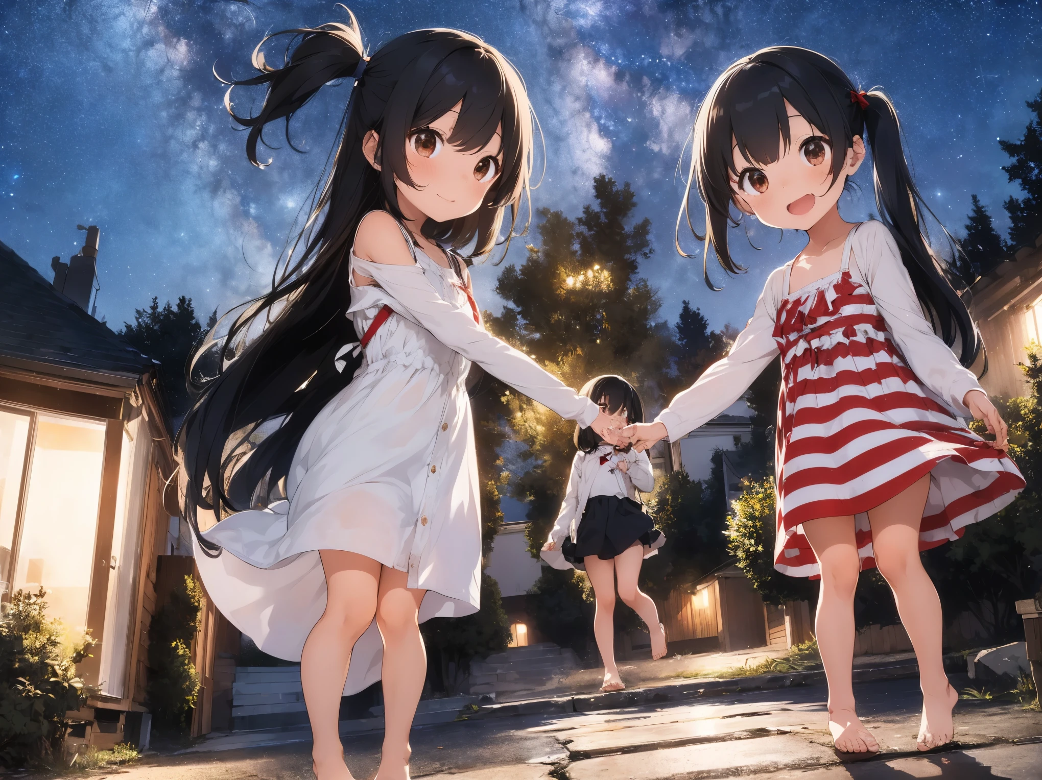 Starry Sky、Girl with long black hair、Light red and white striped dress、Bare feet and sandals、sisters apart in age、hug、Standing posture、****ergarteners