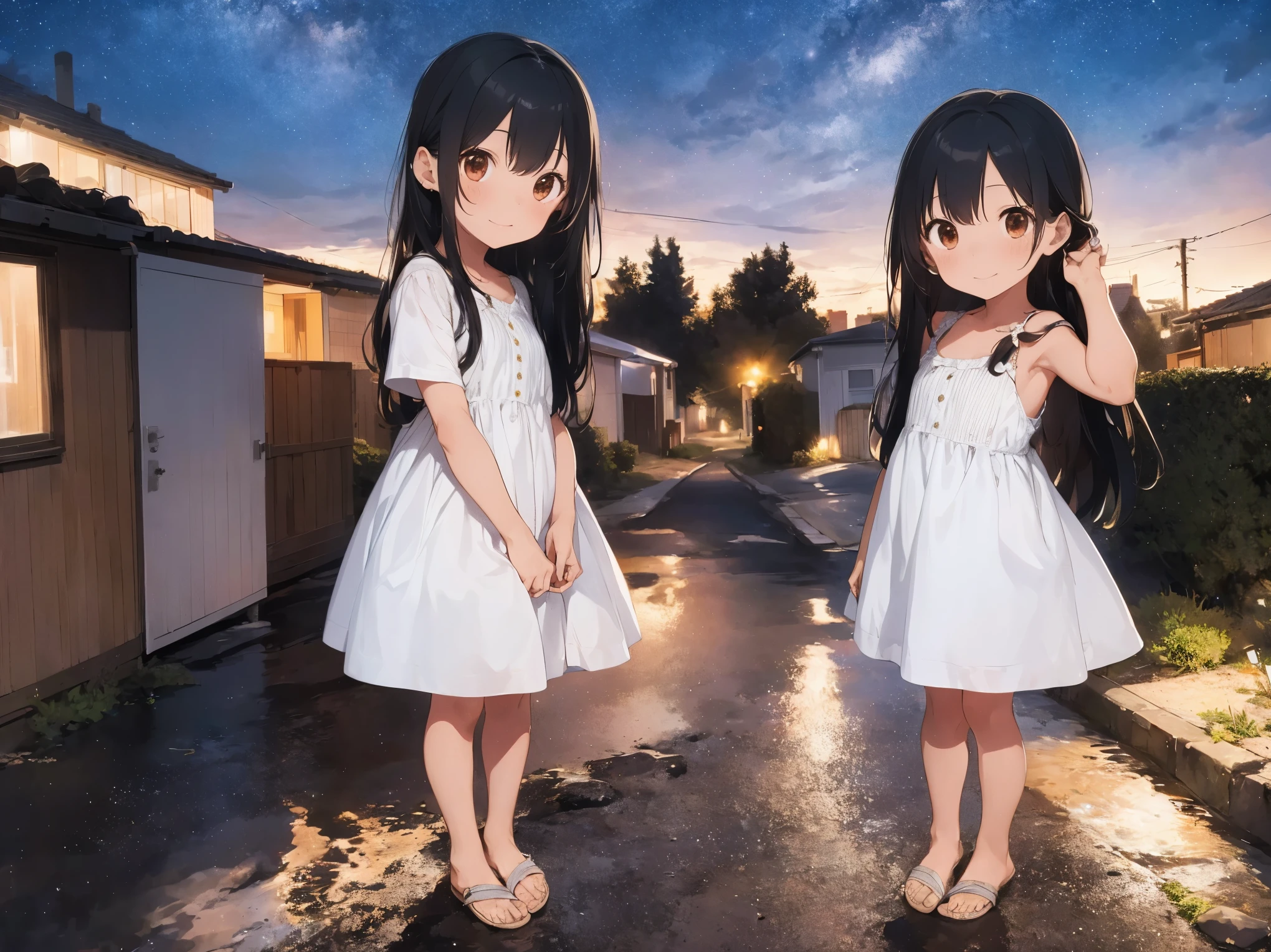 Starry Sky、Girl with long black hair、Light red and white striped dress、Bare feet and sandals、sisters apart in age、hug、Standing posture、Kindergarteners