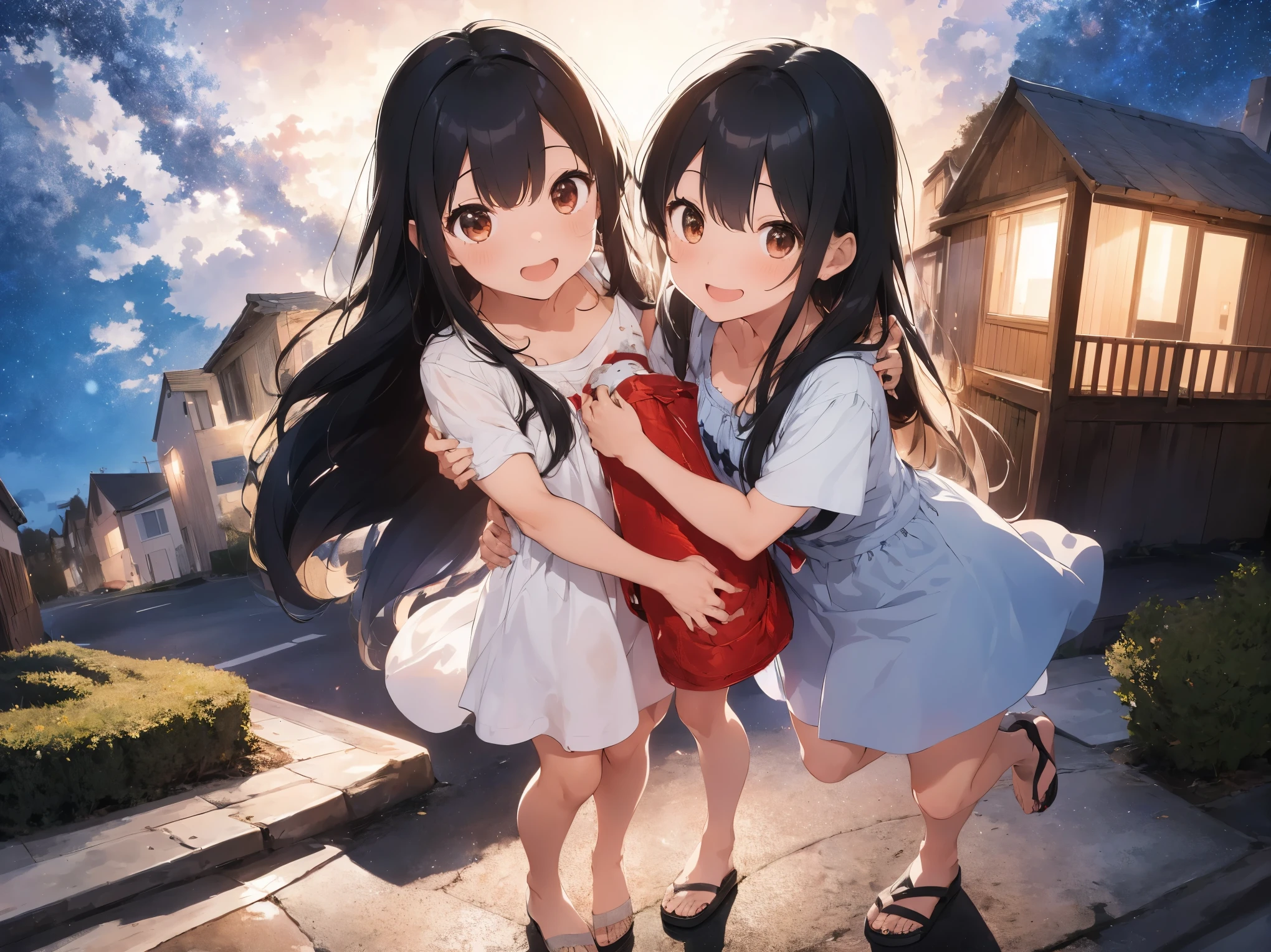Starry Sky、Girl with long black hair、Light red and white striped dress、Bare feet and sandals、sisters apart in age、hug、Standing posture、Kindergarteners