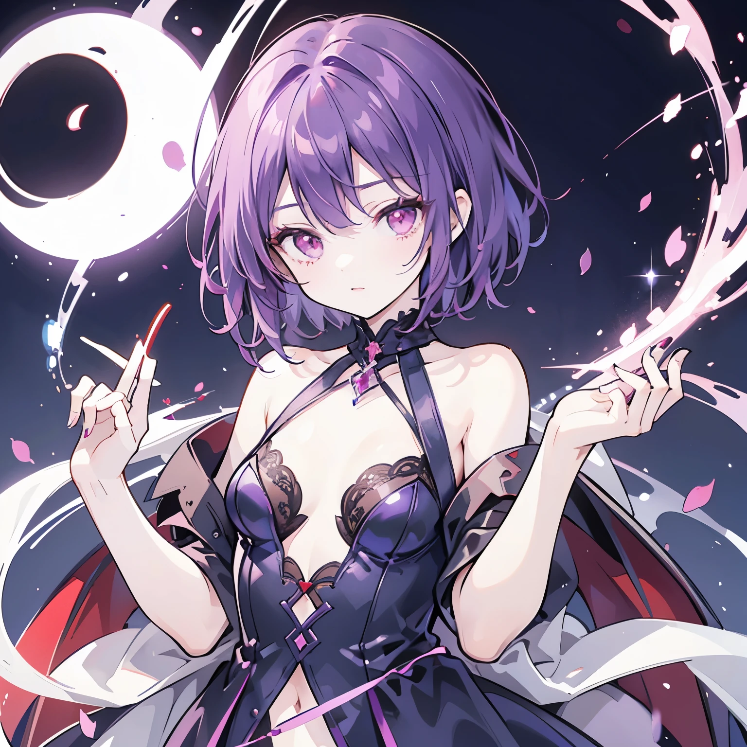 A short hair dark purple hair girl with red eye. She is a half vampire and she wear prince looking type of cloth. She is 165 cm and have small . She look handsome