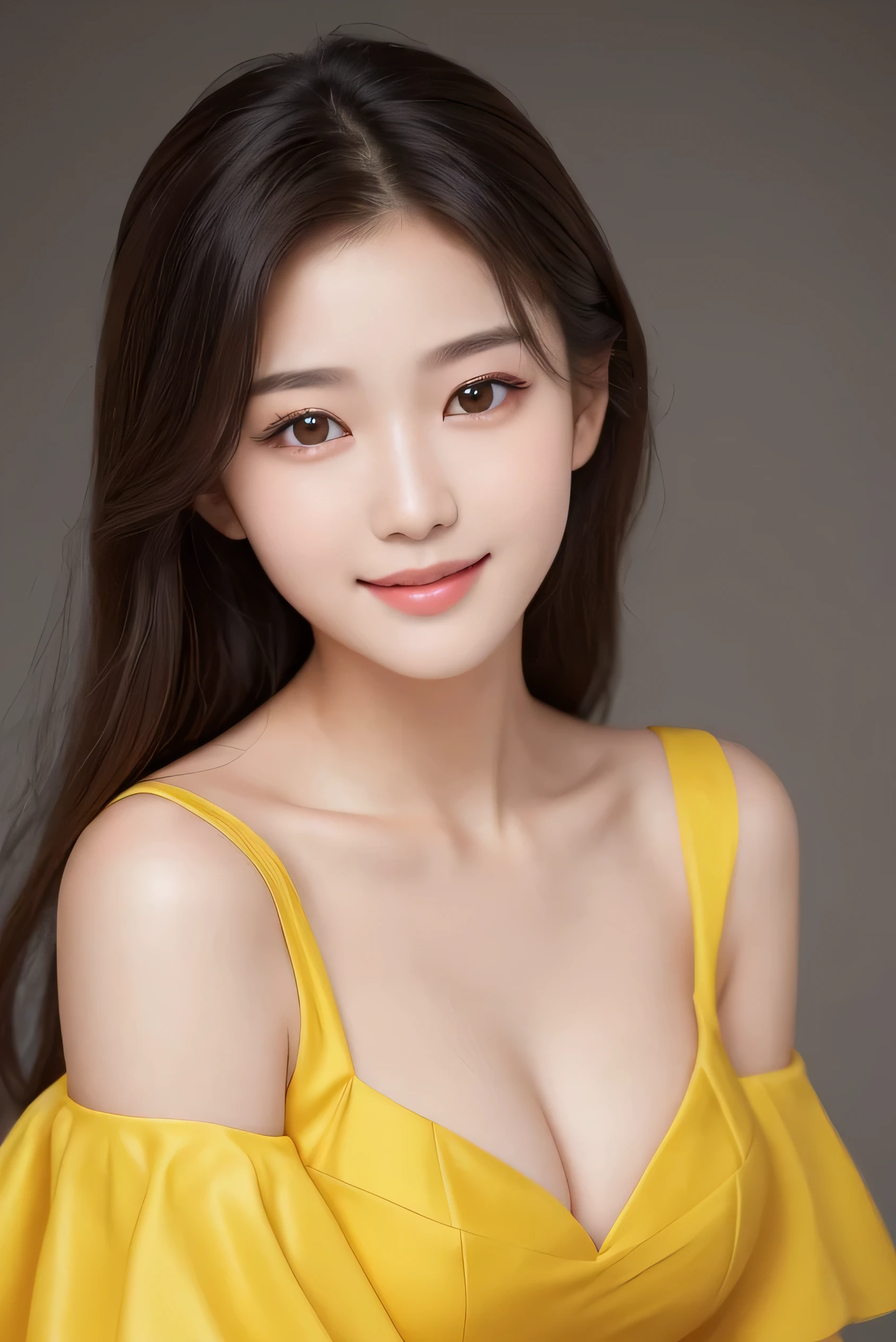 Korean Girls, 18-year-old, A stunning face, Wearing a bright yellow gown, Half-body shot for an elegant look, Taken with high resolution photos. Gray blurry background, Improve image resolution and detail. The girl smiles gently, Her eyes shine like stardust, Adding glamour to ultra-realistic captures. bust, What'Hiding under the yellow dress?, Show off your perfect anatomy. The soft light of nature envelops the scenery., Create a white aura around the girl