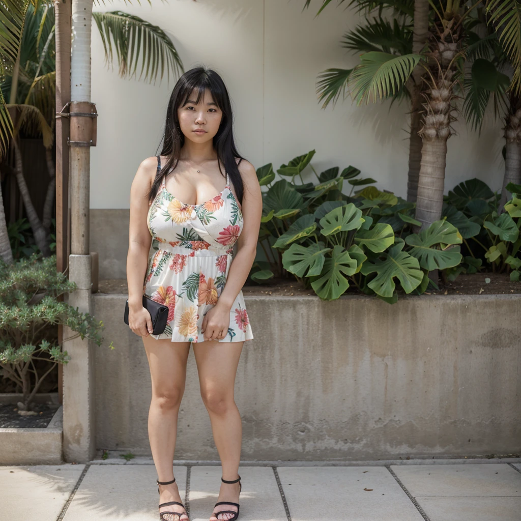 28 year old Japanese-American woman, sundress, sandals, purse, full body picture, busty, black hair, tanned, Japanese, family photo, thick, one woman, 8k, high quality, ultra high quality, no mistakes, casual clothes, realistic face, life like, high resolution, vacation photo, tropical location