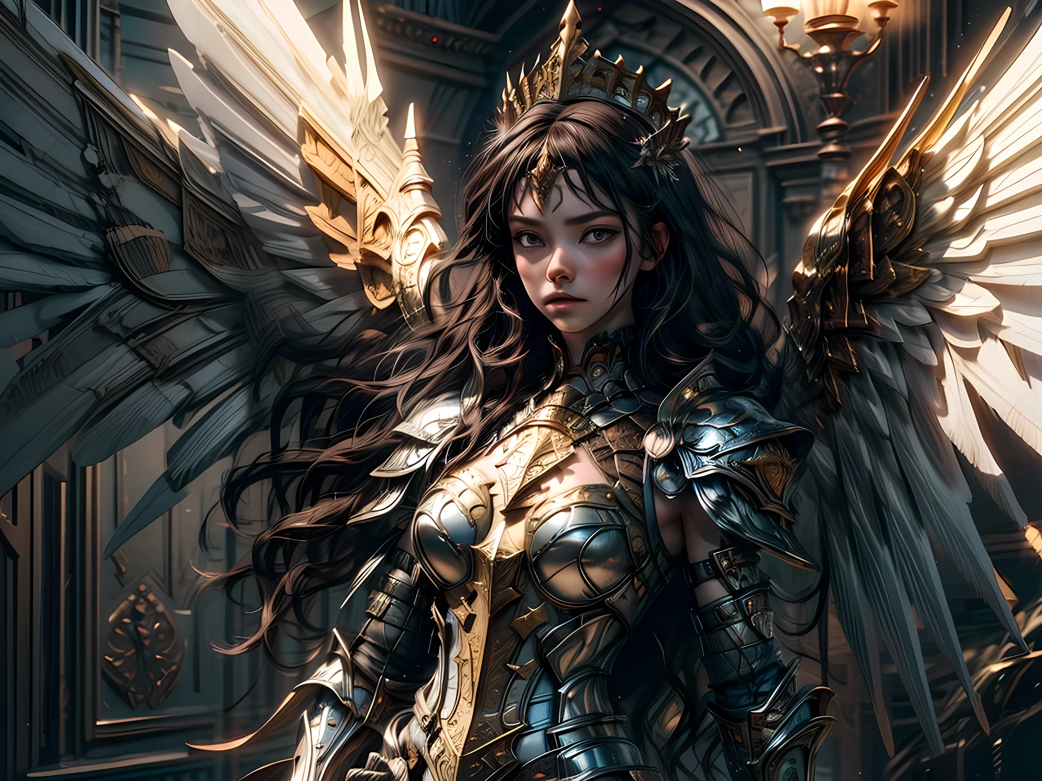 16K, ultra detailed, masterpiece, best quality, (extremely detailed), arafed, dnd art, portrait, full body, aasimar, female, (Masterpiece 1.3, intense details), female, paladin, holy warrior fighting undead (Masterpiece 1.3, intense details) large angelic wings, white angelic wings spread (Masterpiece 1.3, intense details), dark fantasy cemetery background, moon light, moon, stars, clouds, wearing (white: 1.1)  armor (Masterpiece 1.3, intense details), holy symbol, armed with sword, short blond hair,  detailed face, (Masterpiece 1.5, best quality), anatomically correct (Masterpiece 1.3, intense details), angel_wings, determined face, god rays, cinematic lighting, glowing light, silhouette, from outside, photorealism, panoramic view  (Masterpiece 1.3, intense details) , Wide-Angle, Ultra-Wide Angle, 8k, highres, best quality, high details, armored dress