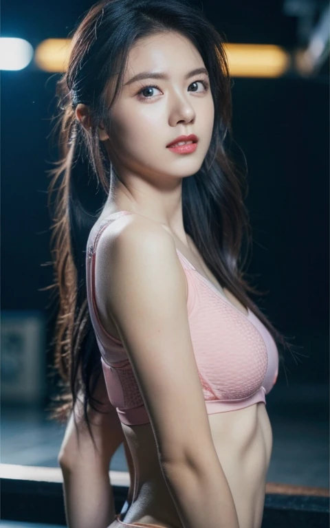 Highly detailed CG Unity 8k wallpaper, top quality, super detailed, masterpiece, realistic, photo realistic, very detailed cute girl, 20 years old, slender girl, abs, round eyes, viewer,  blush, parted lips, full body shot , beautiful tight round perfect breast, tight round butt,
sportswear , Arena , look back, short ponytail