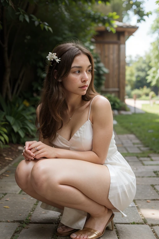 (Best quality, Ultra detailed, Golden ratio, Masterpiece: 1.2), Photorealistic: 1.4, High dynamic range (HDR), Film grain: 0.7, Lens: 50 mm, Aperture: f/1.8, ISO 200, RAW format, (White dress, squatting position: 1.3), (Cinematic, Elegant, Rustic: 1.2), Outdoor, Garden Setting, Blooming Floral Backdrop, Dappled Sunlight, Shallow Depth of Field, Focus on Subject's Face and White Dress, Interplay of Shadows, Realistic Sk